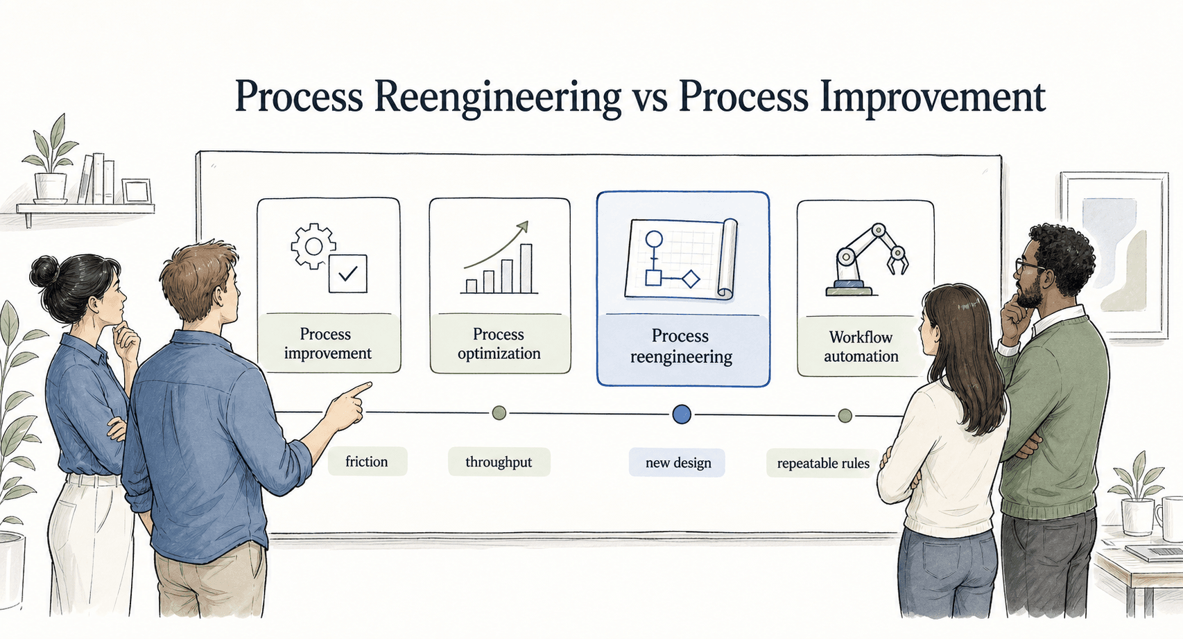 Improvement, optimization, reengineering, and automation solve different problems; reengineering fits when the process design no longer matches the business need.