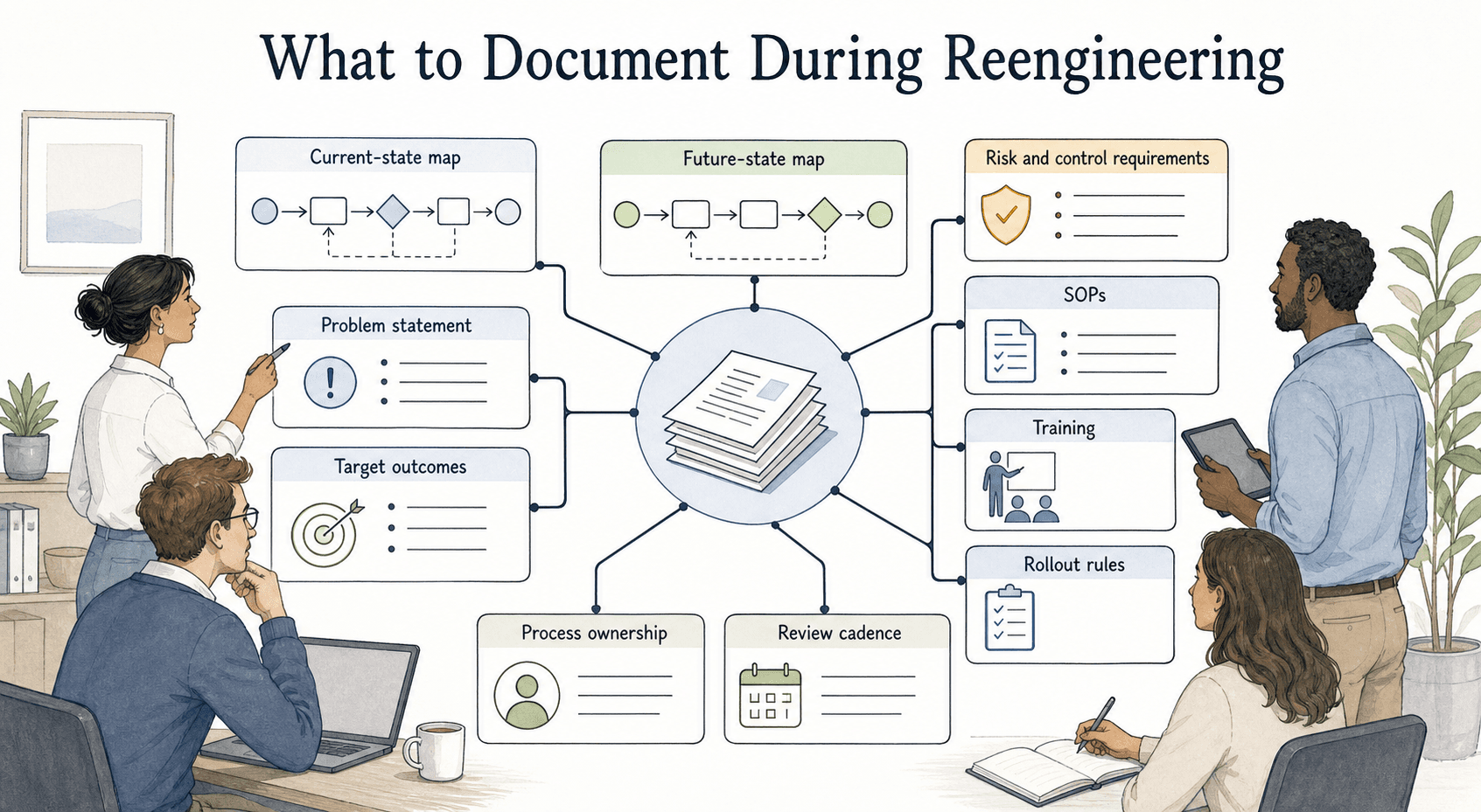 Reengineering documentation connects the current state, target outcomes, future state, risks, SOPs, training, rollout rules, ownership, and review cadence.