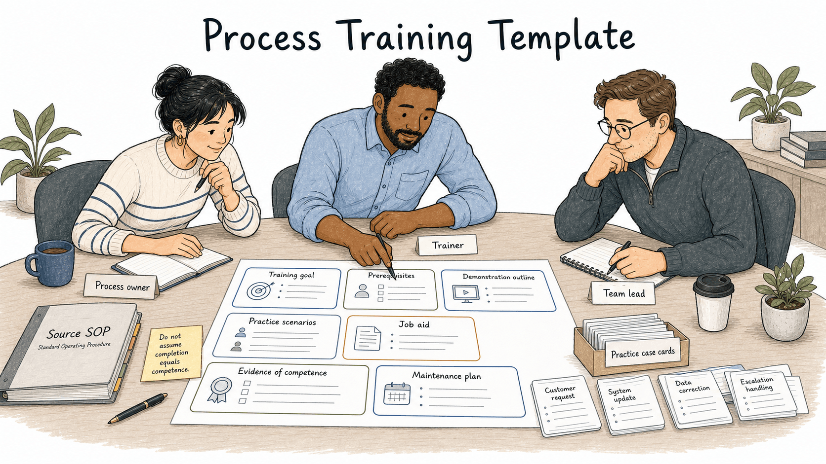 A practical training plan should define the goal, prerequisites, demonstration, practice scenarios, job aid, evidence of competence, and maintenance plan.