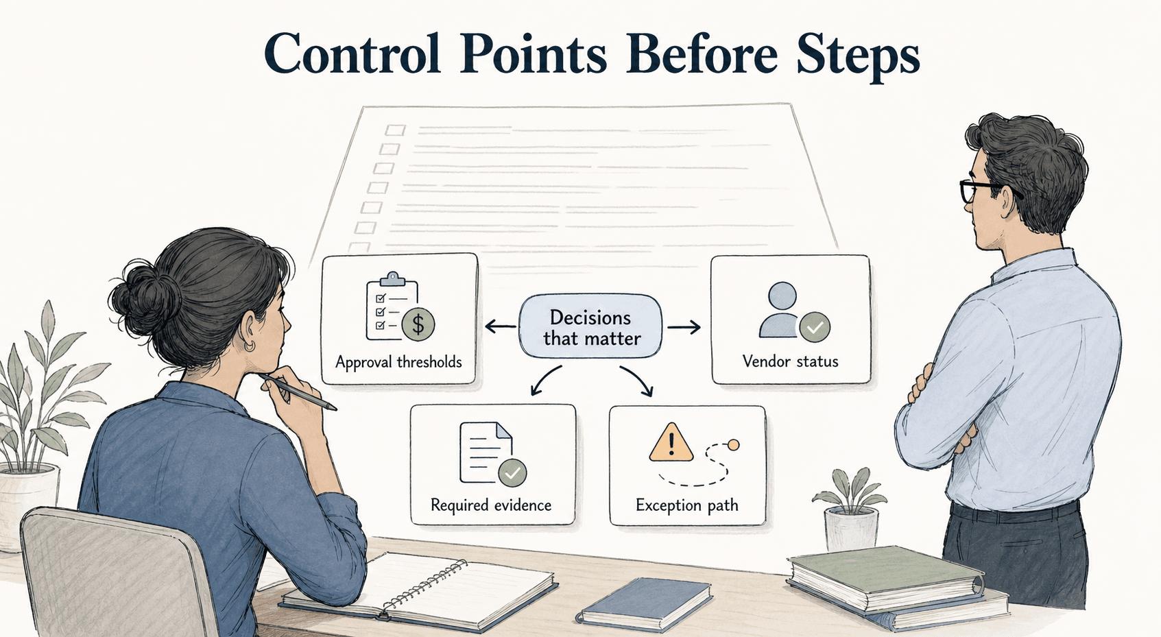 Before documenting steps, define the control points that shape procurement decisions: approval thresholds, vendor status, required evidence, and exception paths.