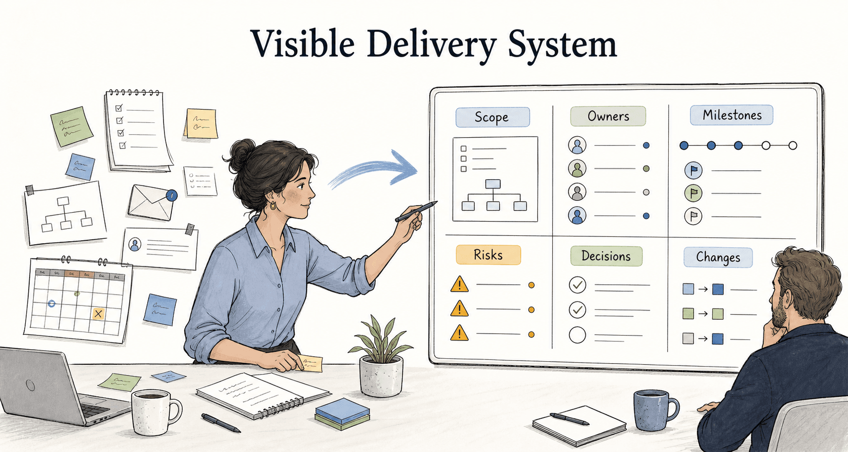 A project manager makes scope, owners, milestones, risks, decisions, and changes visible.