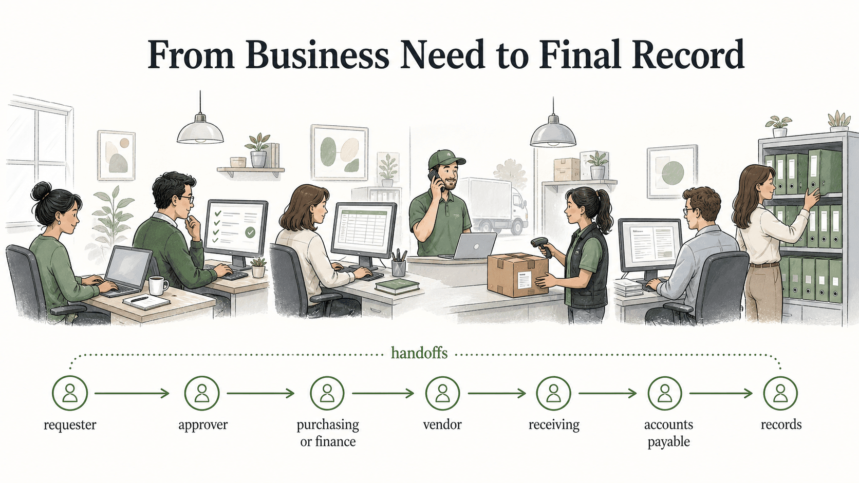 Purchasing handoffs connect a business need to the final record.
