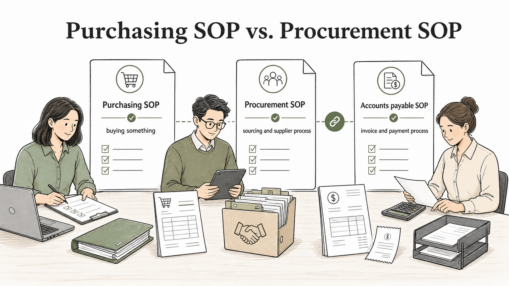 Purchasing, procurement, and accounts payable have distinct roles in the buying process.