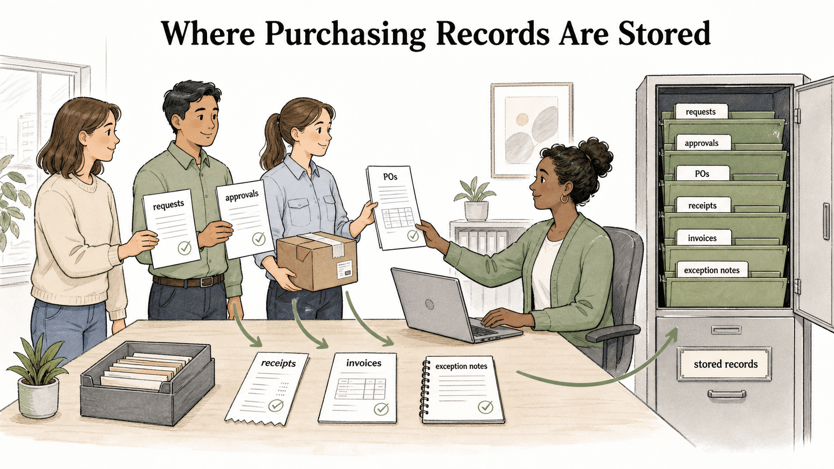 A purchasing procedure identifies where requests, approvals, POs, receipts, invoices, and exception notes are stored.