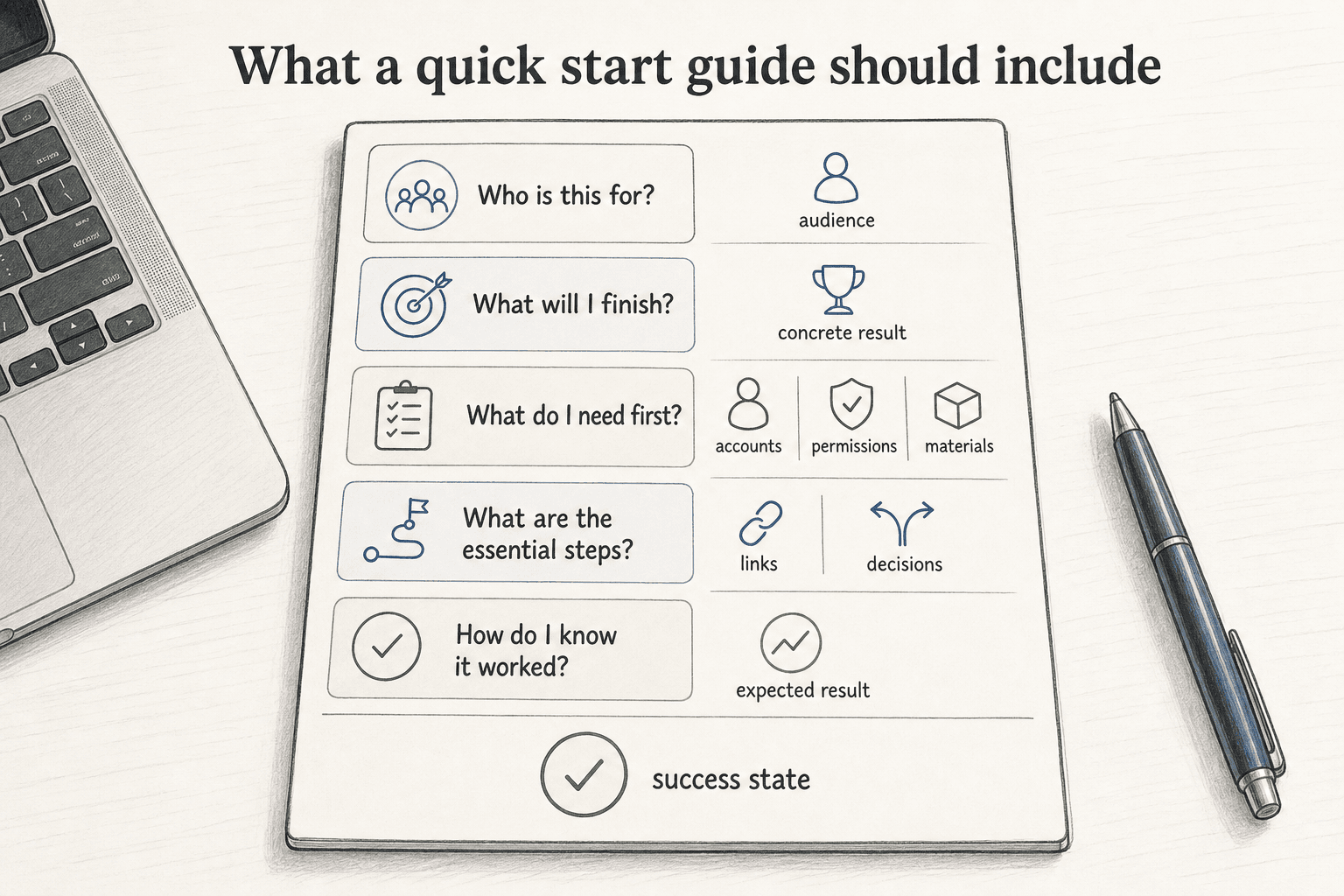 A useful quick start guide names the audience, promises a concrete result, lists prerequisites, gives essential steps, and shows how success should look.