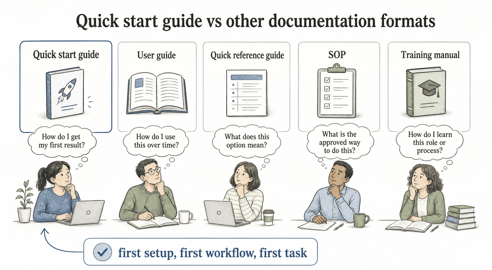 Quick starts answer the first-result question; other documentation formats support broader use, lookup, approved procedures, or deeper training.