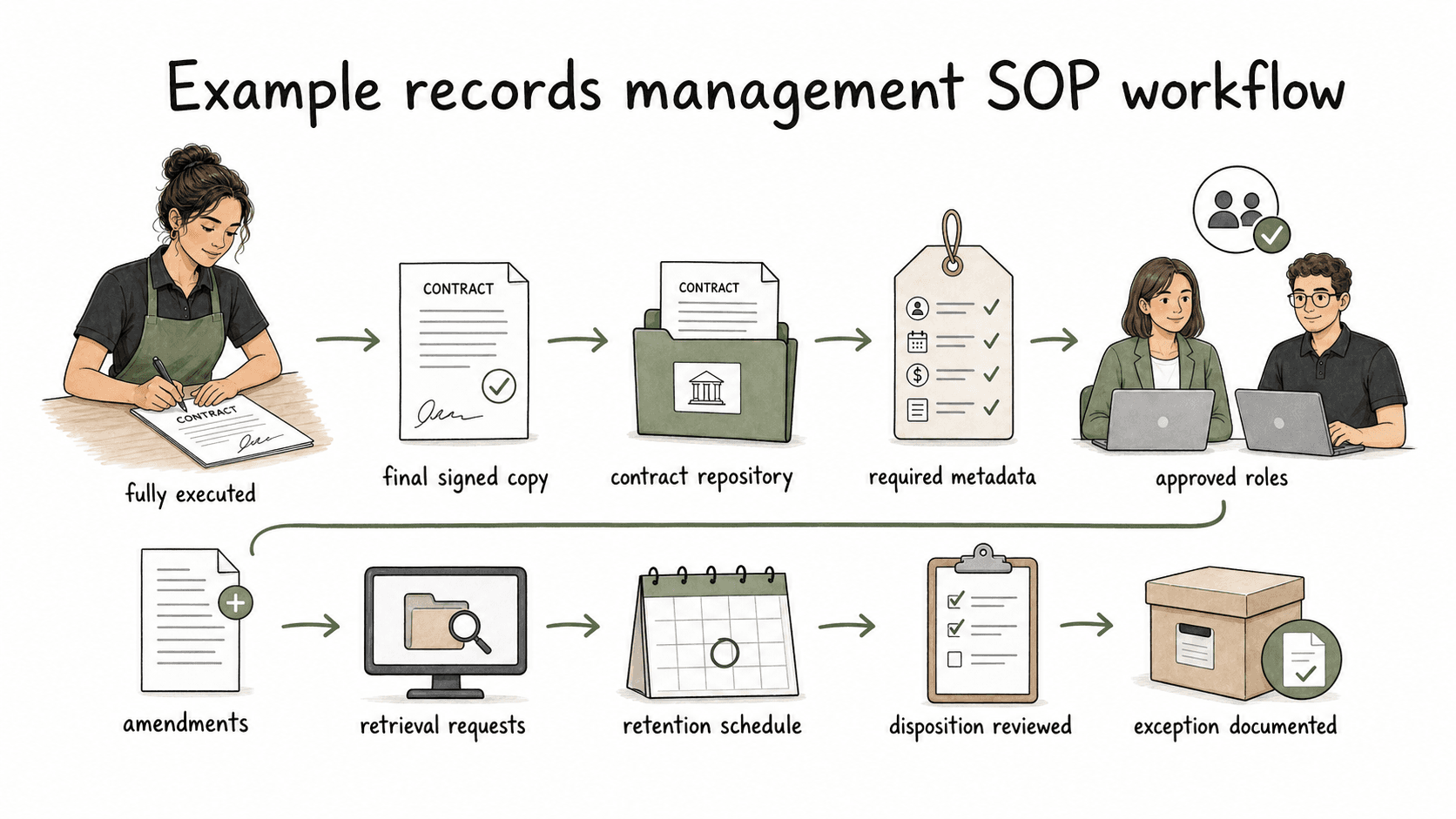 For customer contracts, the SOP carries the final signed copy through repository storage, metadata, access, retrieval, retention, disposition, and documented exceptions.