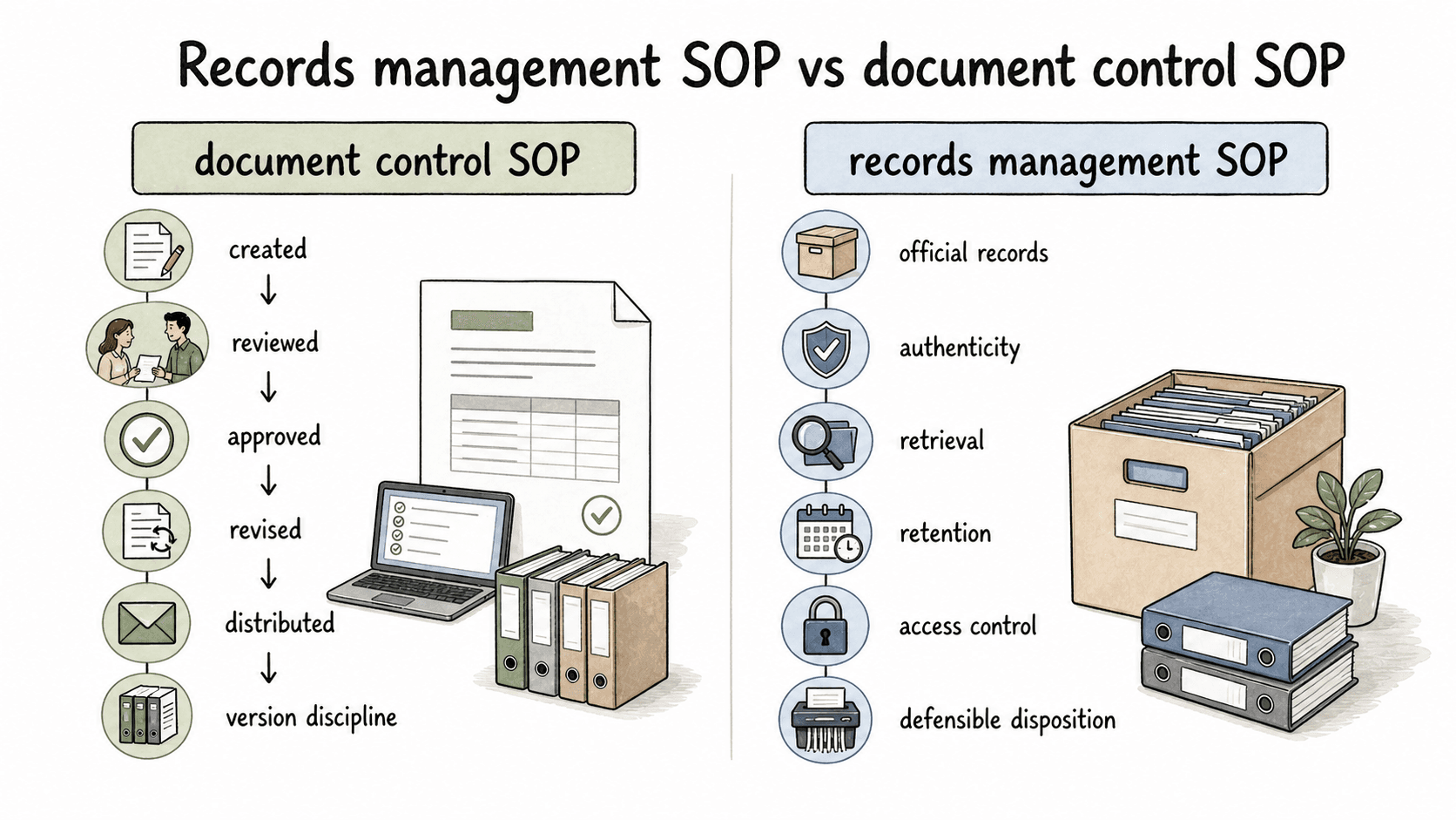 Document control governs controlled documents before and during approval; records management governs official records after they prove an action or decision.