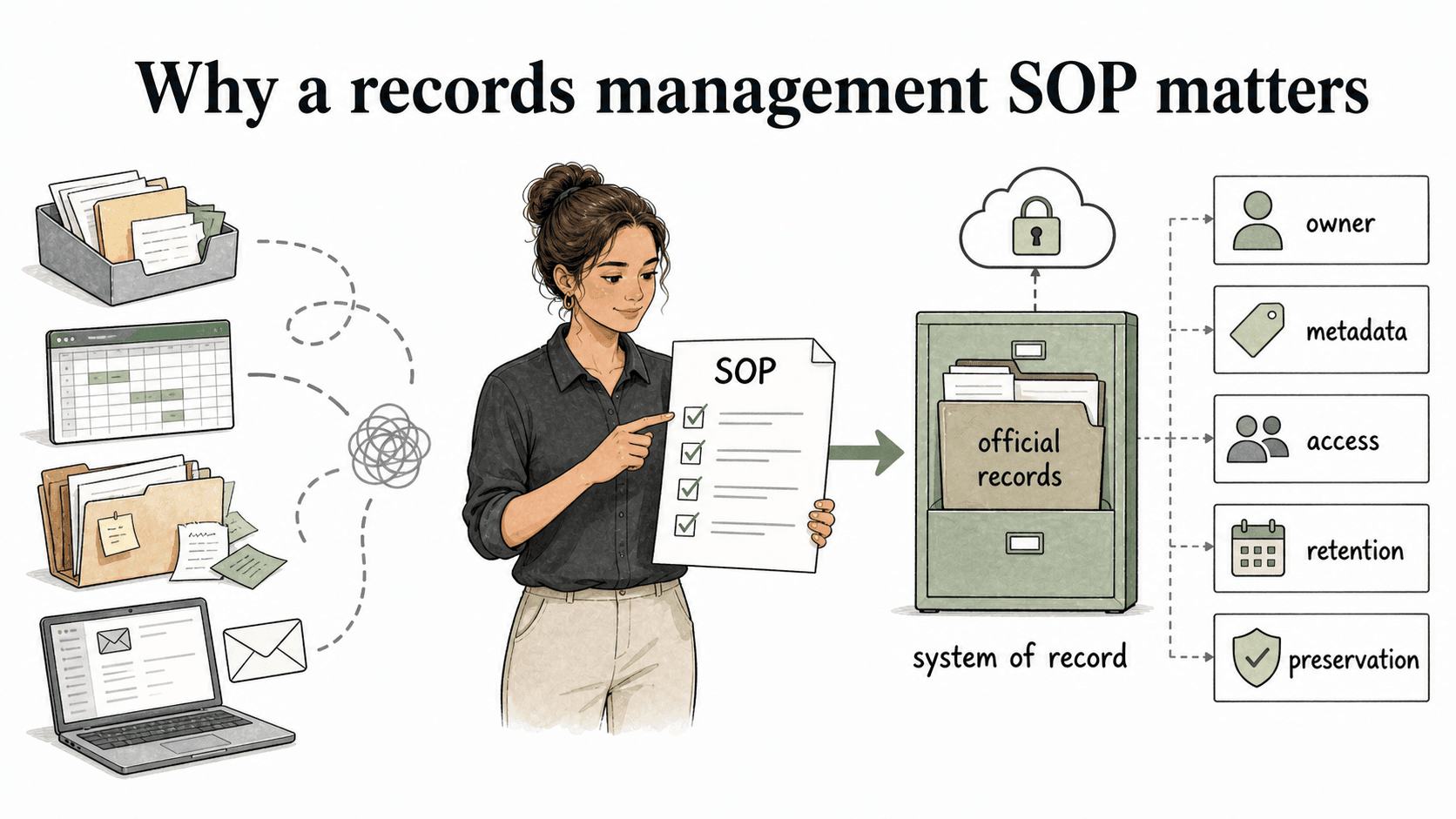 A records management SOP turns scattered files and inboxes into official records with clear owners, metadata, access, retention, and preservation.