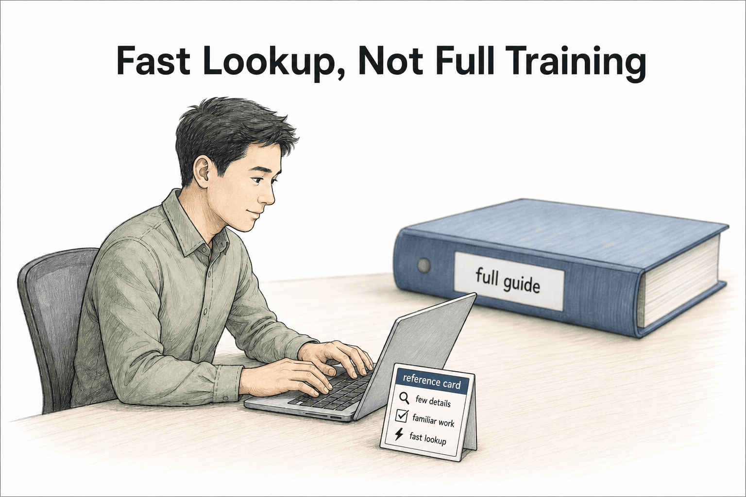 A reference card is for fast lookup during familiar work, not training from scratch.