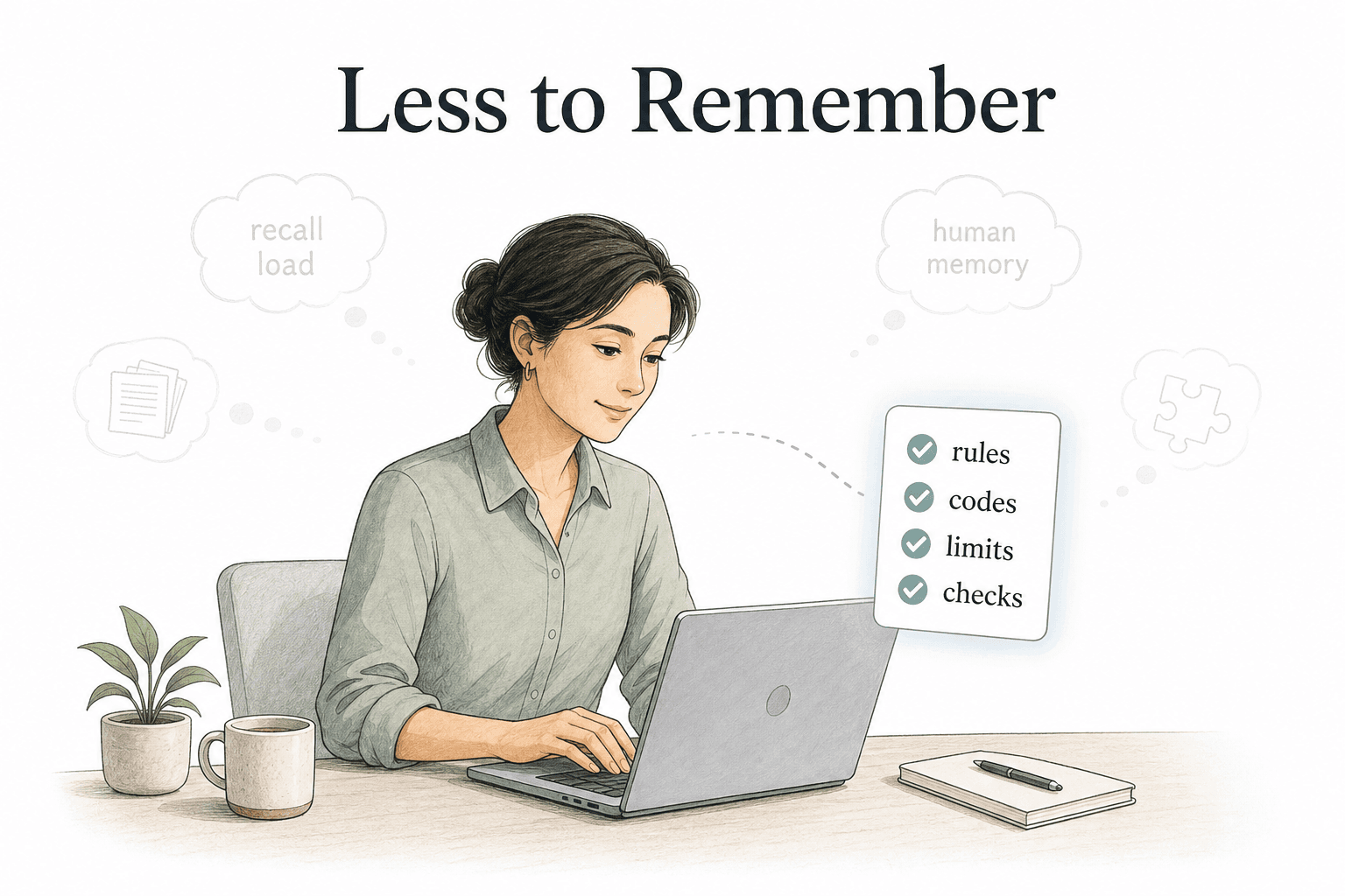 The card keeps rules, codes, limits, and checks close to the task so people do not have to rely on human memory.