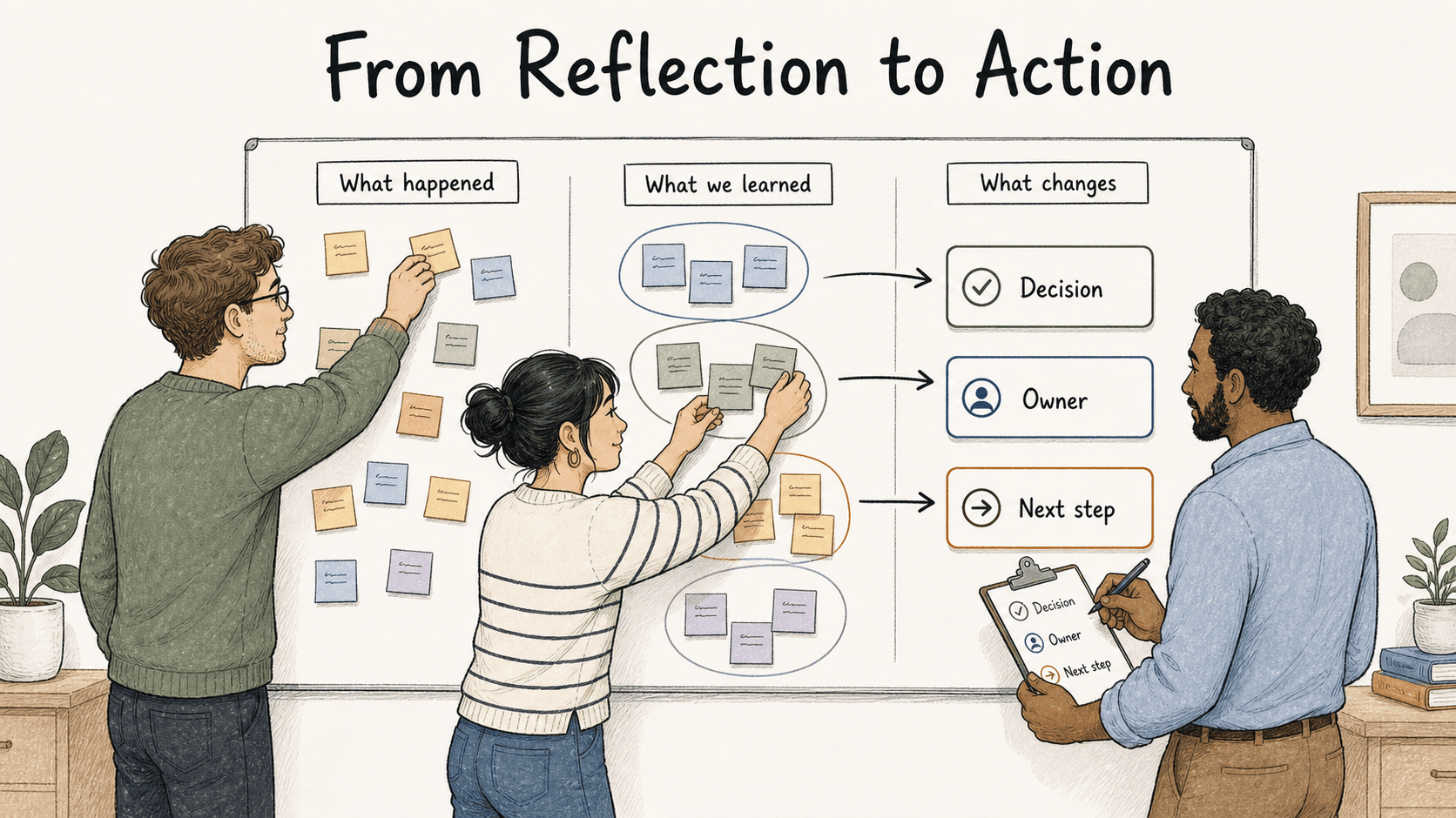 Diagram showing a retrospective turning recent work into a small number of actionable changes.