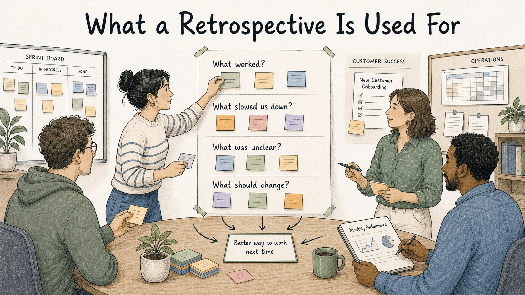 Diagram showing retrospectives helping teams improve how work gets done.