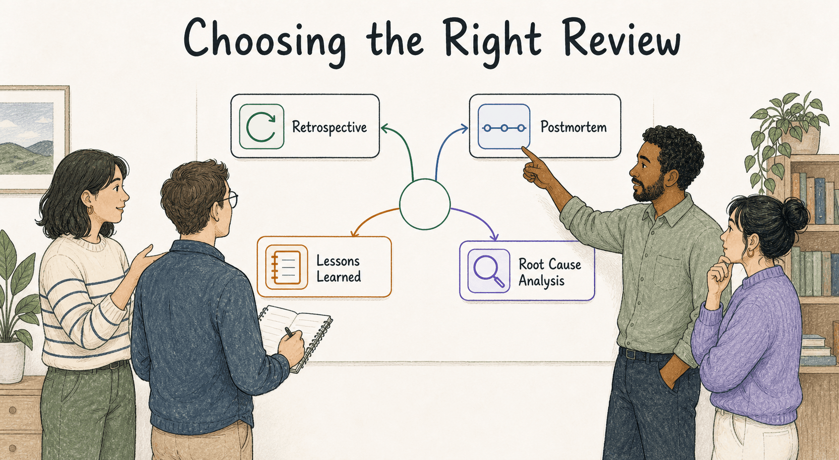 Diagram comparing retrospectives, postmortems, lessons learned reviews, and root cause analysis.