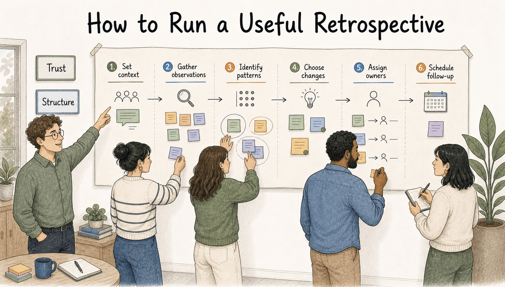 Diagram showing that a useful retrospective needs both structure and trust.