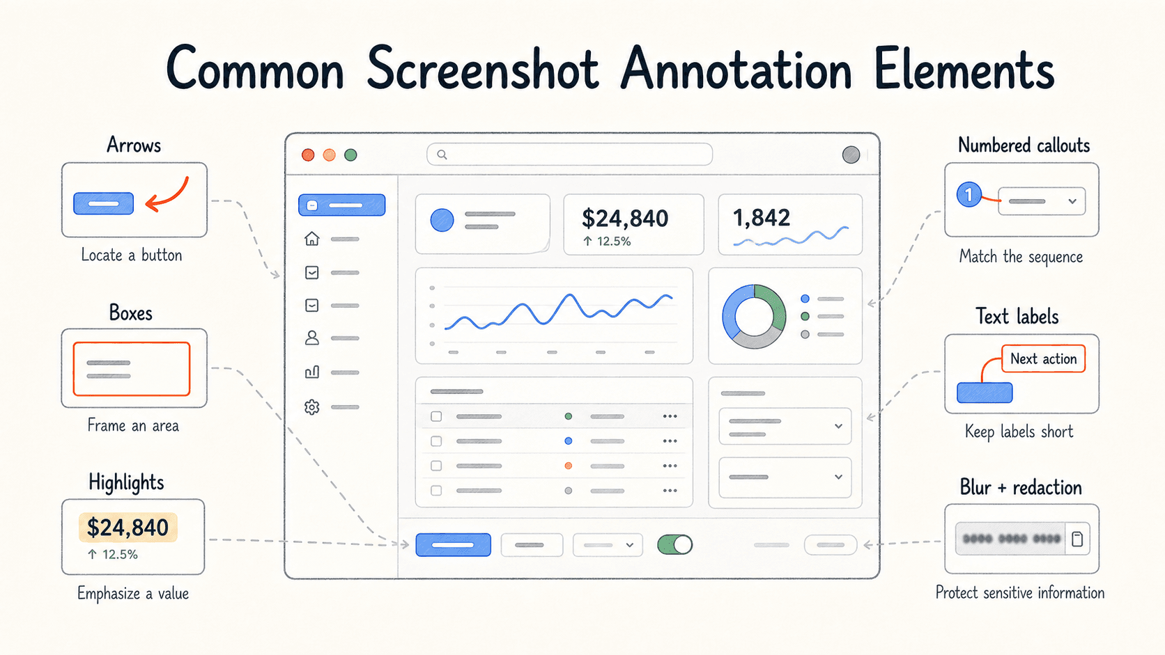 Common annotation elements remove different kinds of ambiguity: arrows locate, boxes frame, highlights emphasize, callouts sequence, labels clarify, and redaction protects sensitive information.