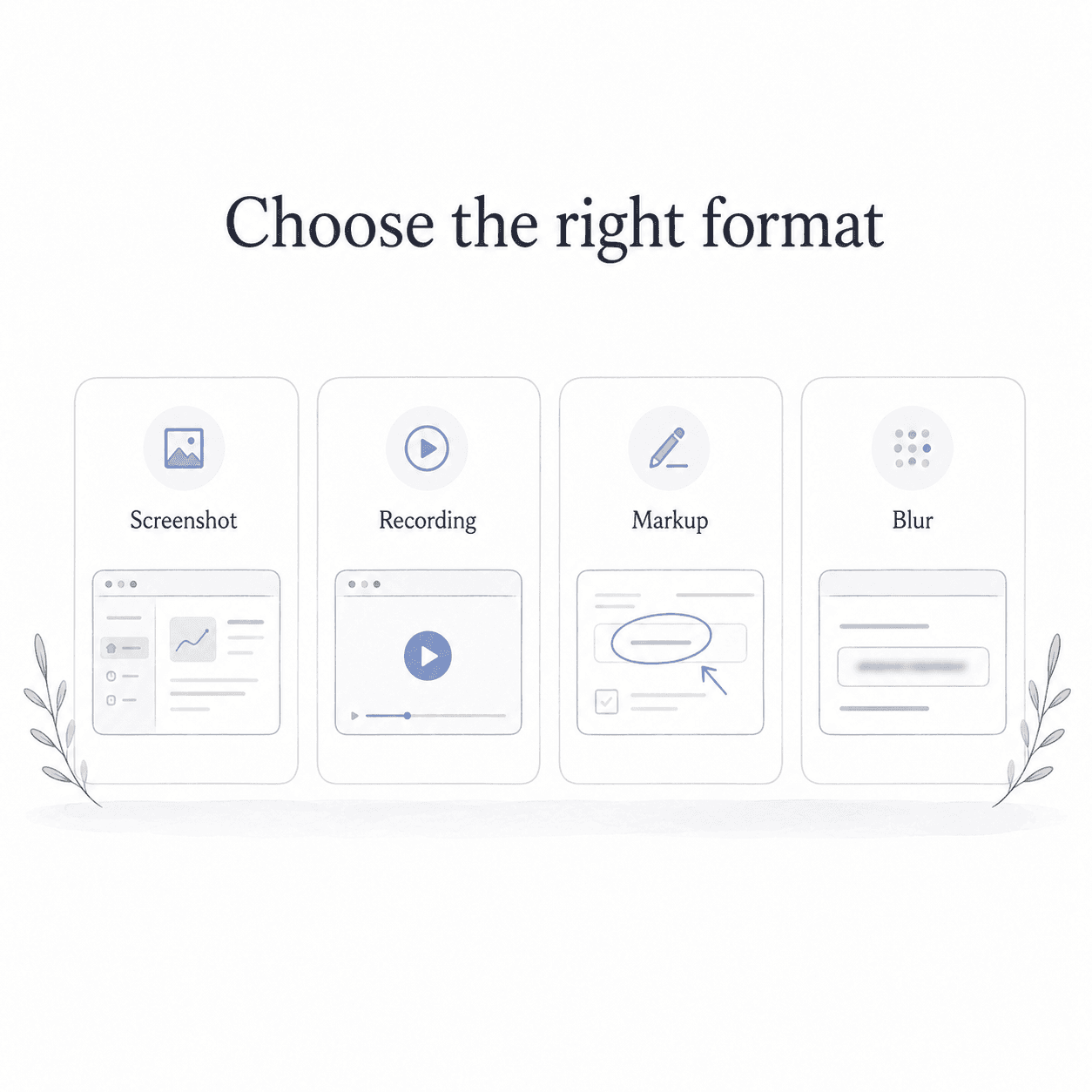 Pick the format based on the job: screenshot, recording, markup, or blur.