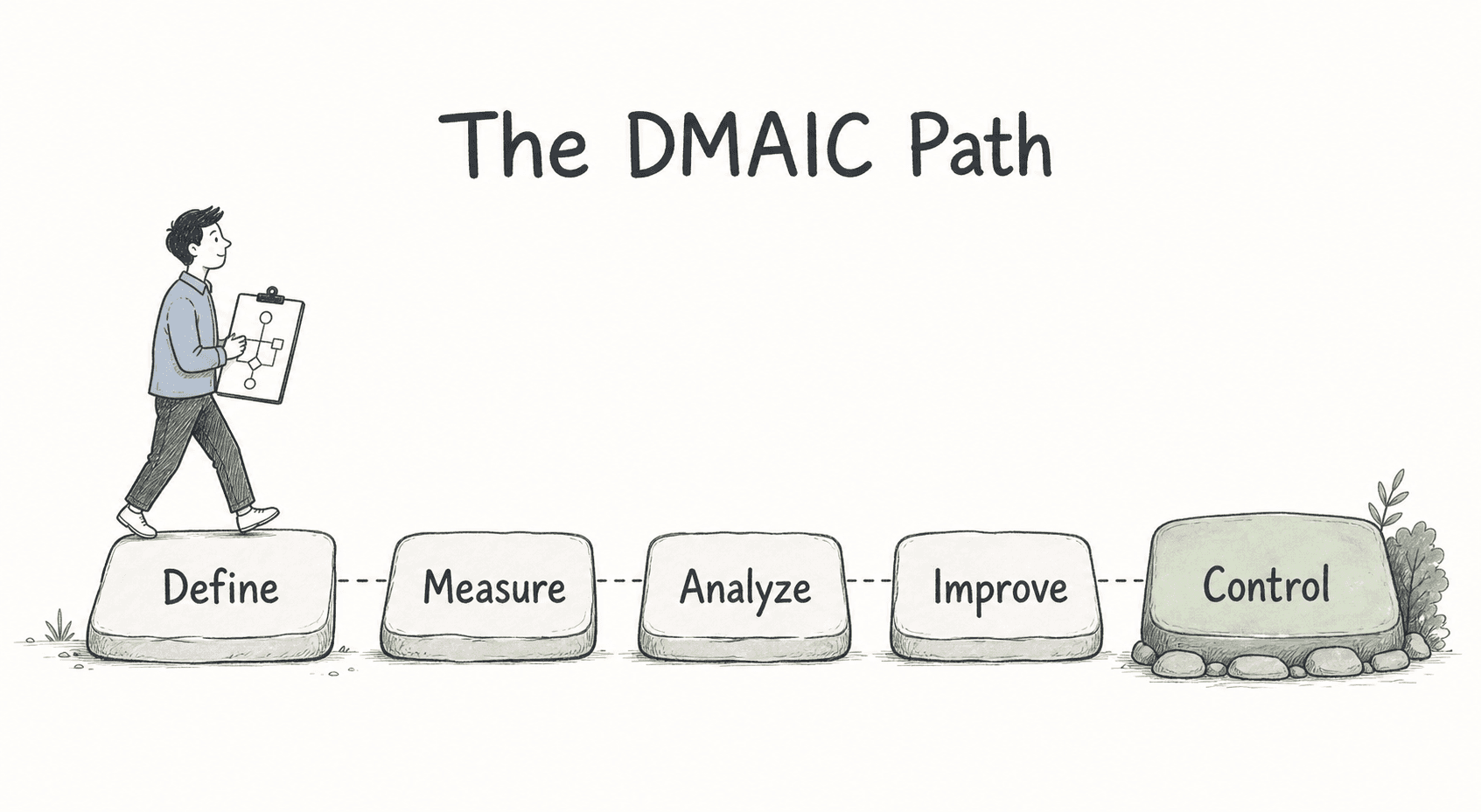The DMAIC path shows the five phases of a Six Sigma improvement project: define, measure, analyze, improve, and control.