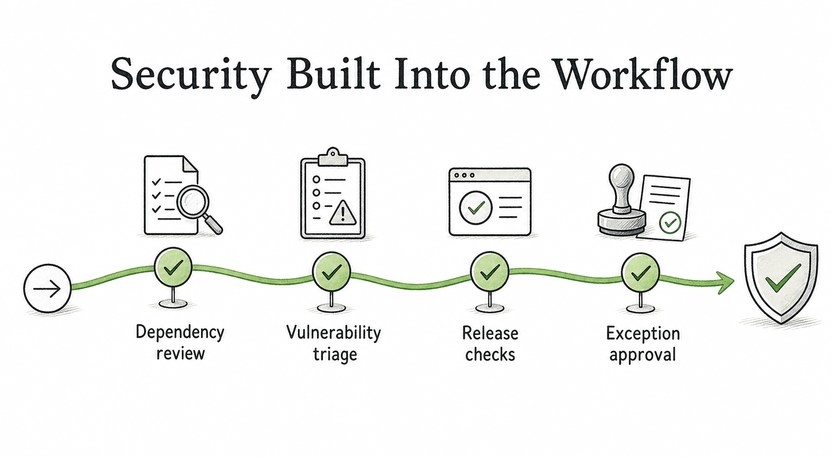Diagram showing secure development SOPs translating broad security practices into concrete reviews, checks, and approvals.