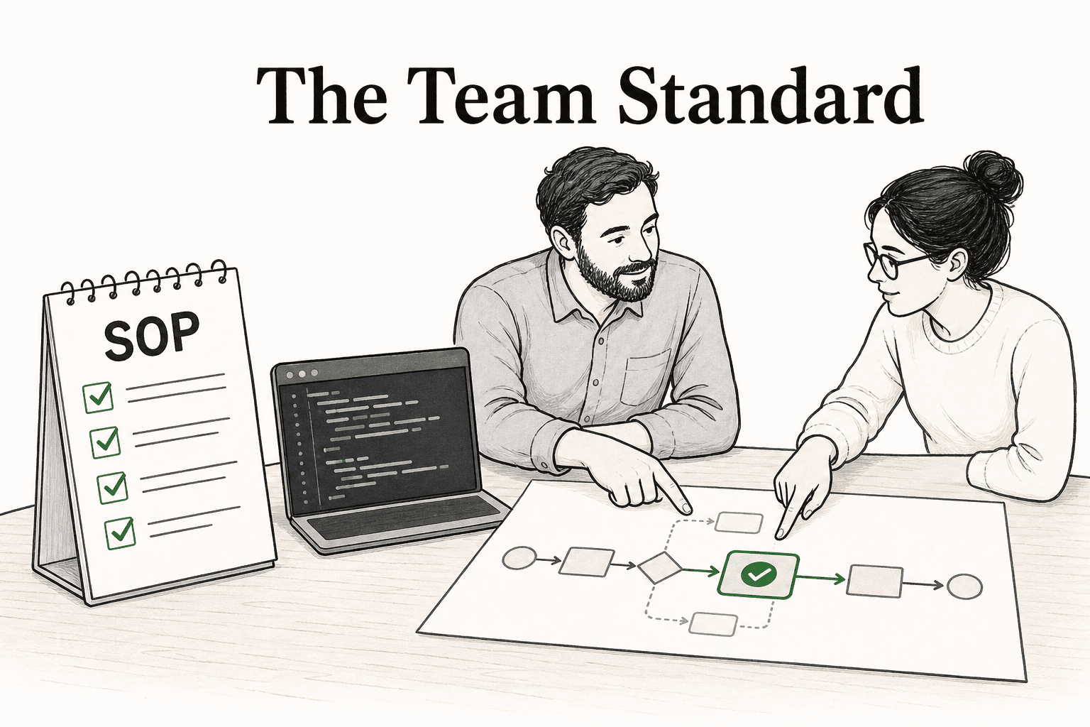 Diagram showing a software development SOP turning repeatable engineering work into a quality, security, and consistency standard.