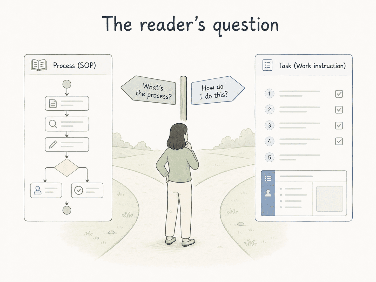 Diagram showing that the choice between an SOP and a work instruction depends on the question the reader needs answered.
