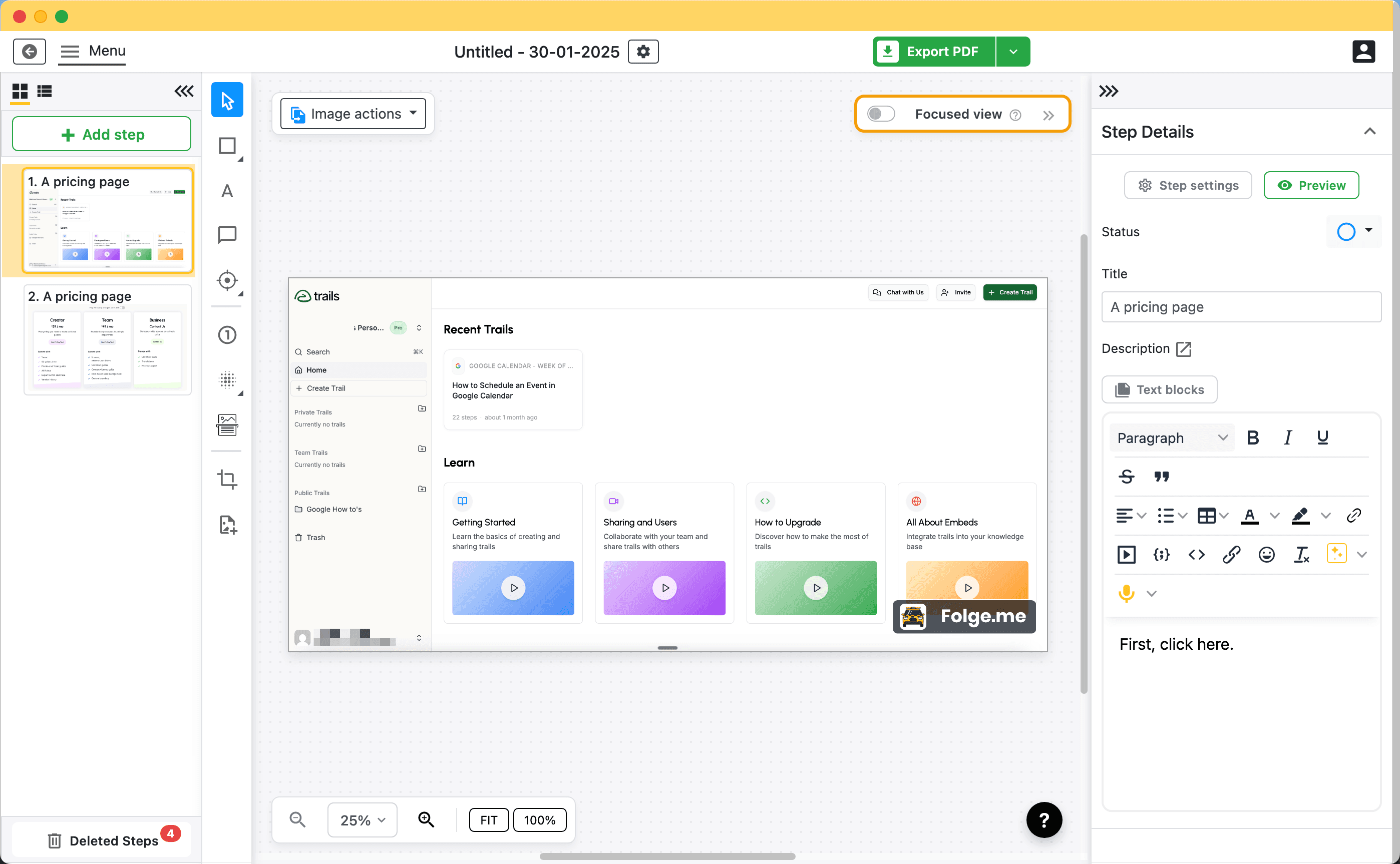 Folge's editor shows offline screenshot capture, annotations, and step-by-step guide editing.
