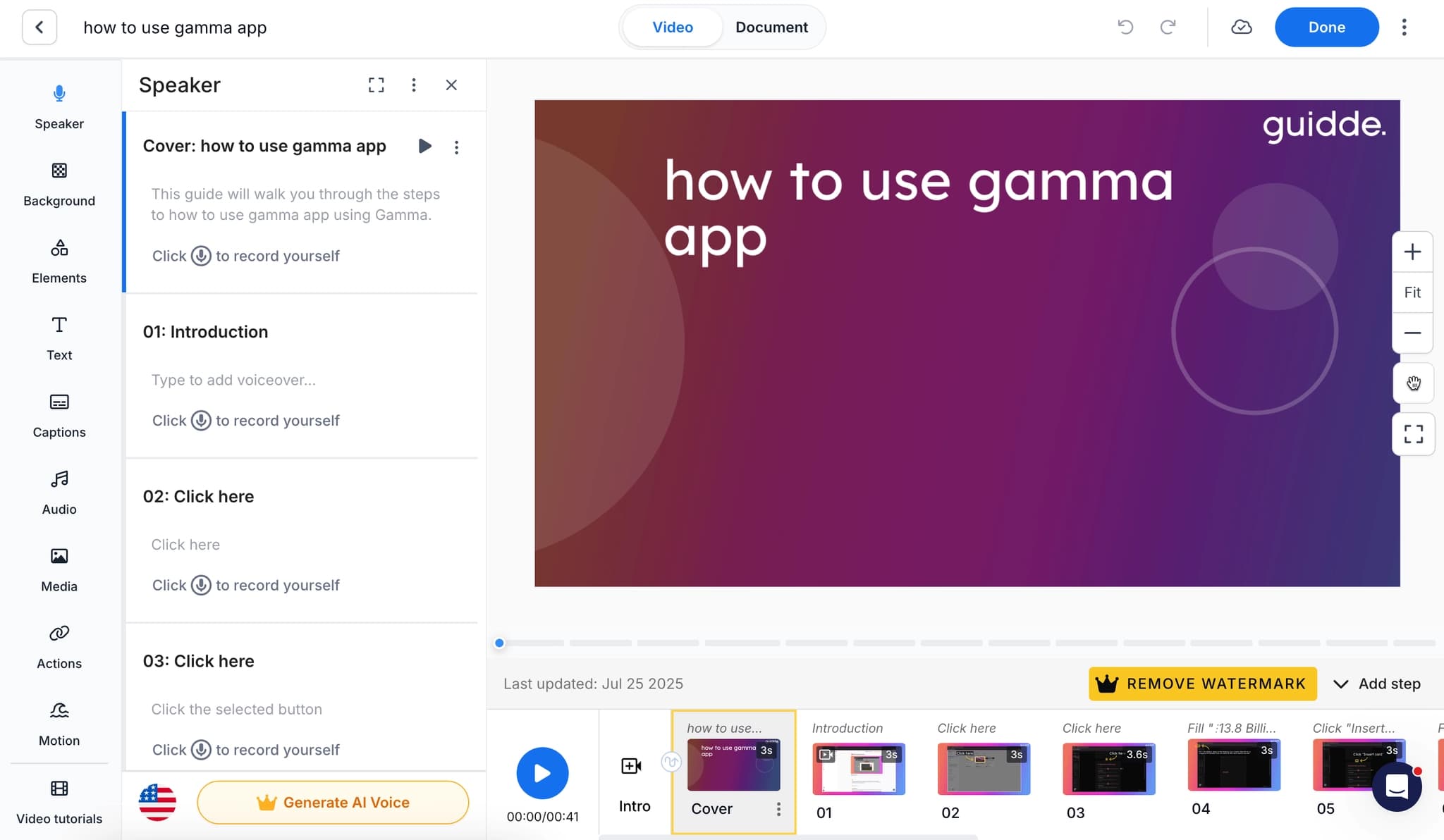 Guidde's editor is built around video documentation, narration, and visual polish.