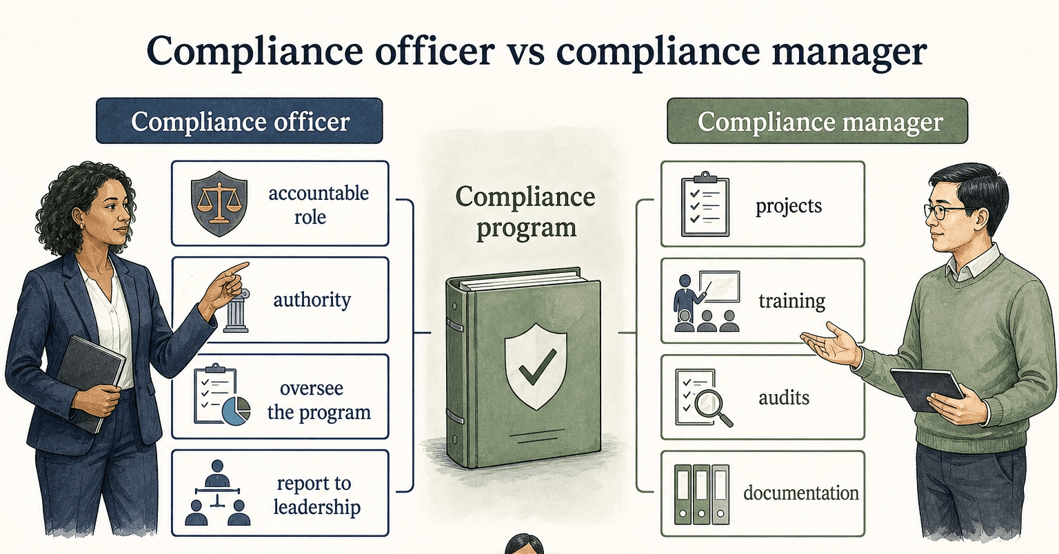 Comparison of a compliance officer's accountable oversight role with a compliance manager's operational project, training, audit, and documentation work.
