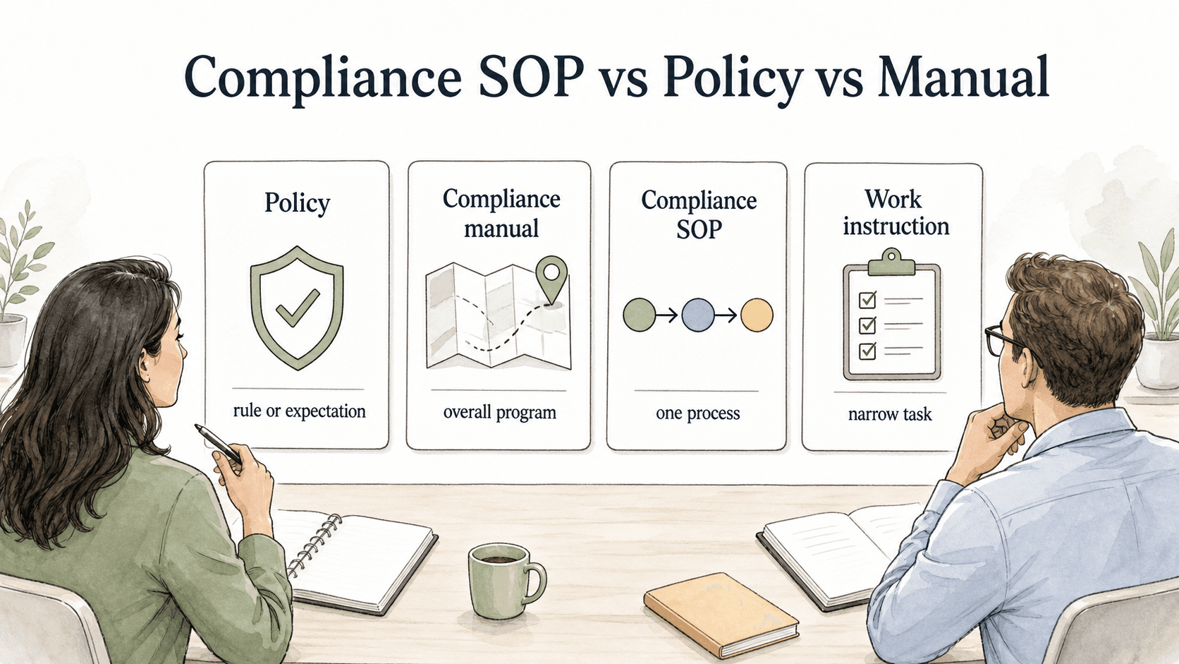 Policies define expectations, manuals explain the overall program, SOPs cover one process, and work instructions cover narrow tasks.