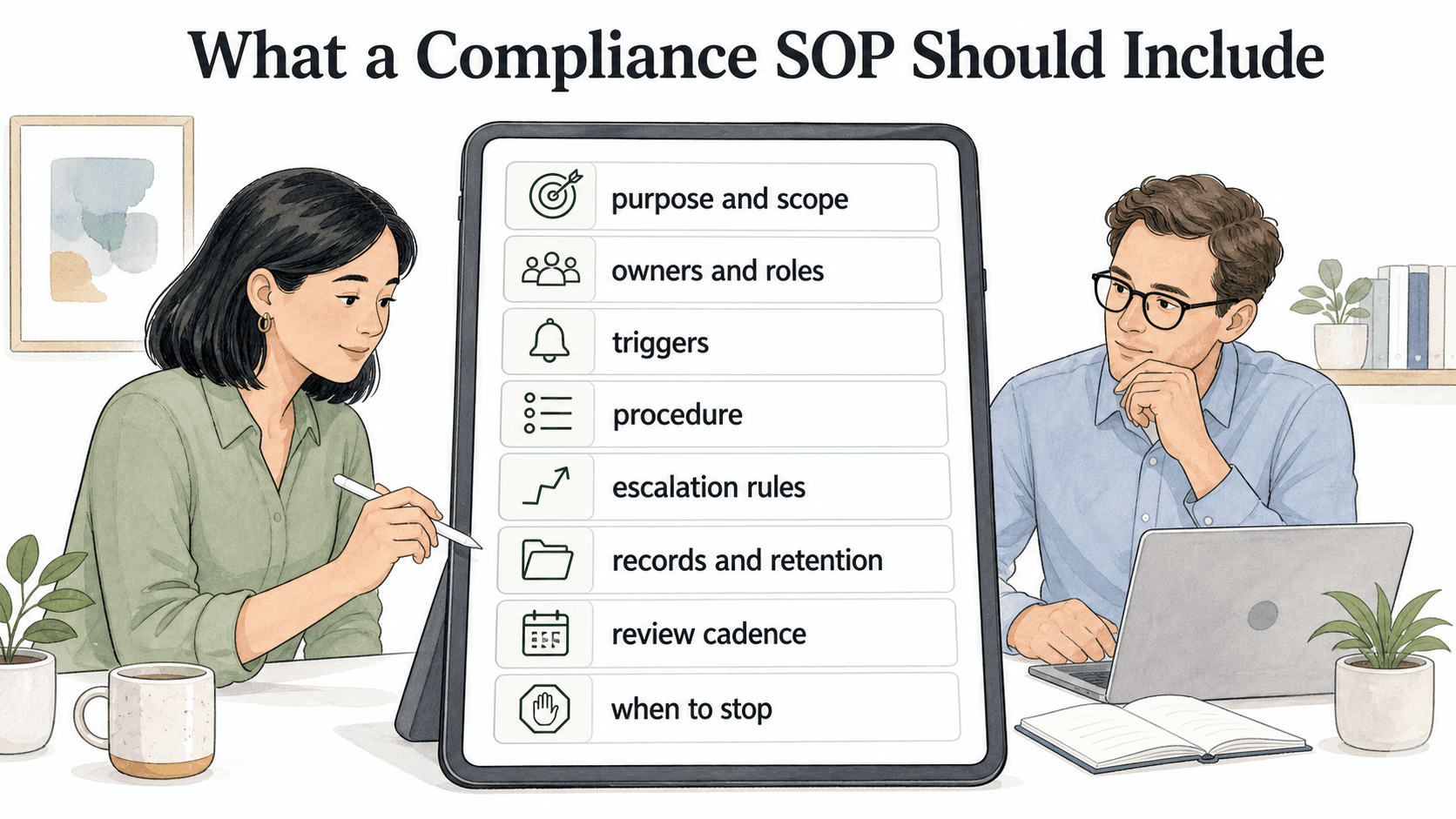 A useful compliance SOP includes purpose, scope, roles, triggers, procedure, escalation rules, records, retention, and review cadence.