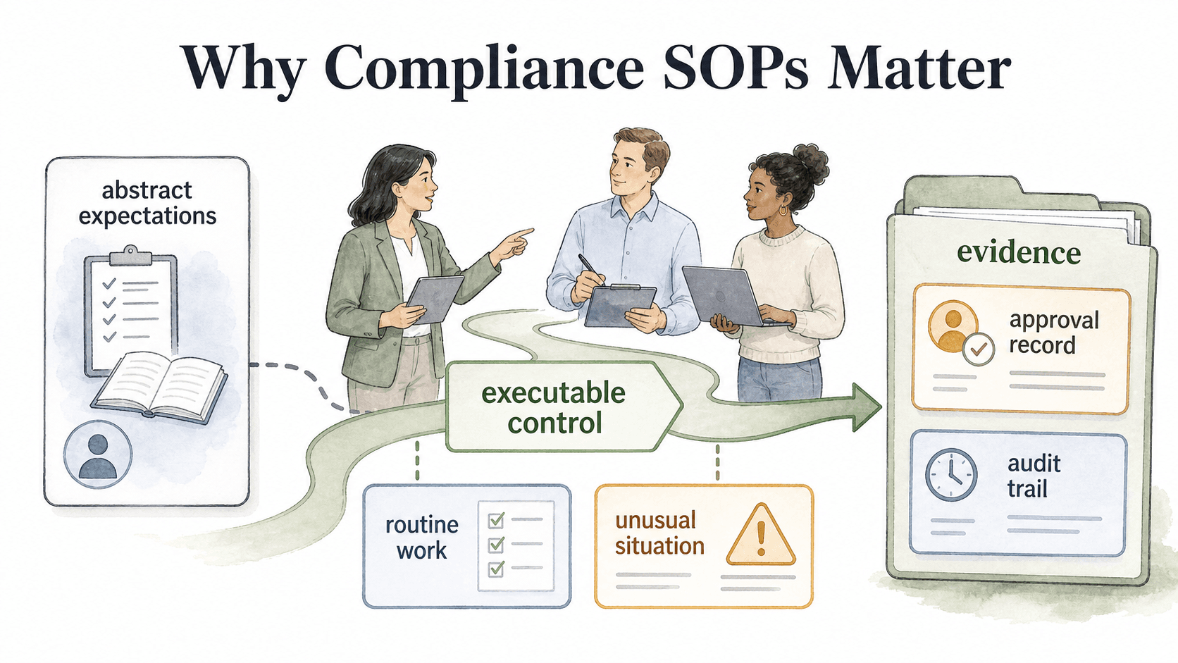 Compliance SOPs make controls executable by showing what to do in routine work, unusual situations, and evidence capture.