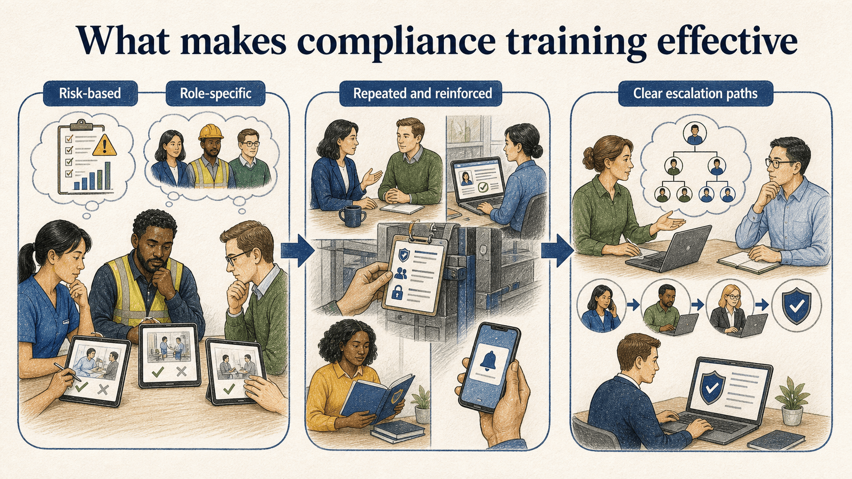 Effective training is risk-based, role-specific, repeatedly reinforced, and supported by clear escalation paths.