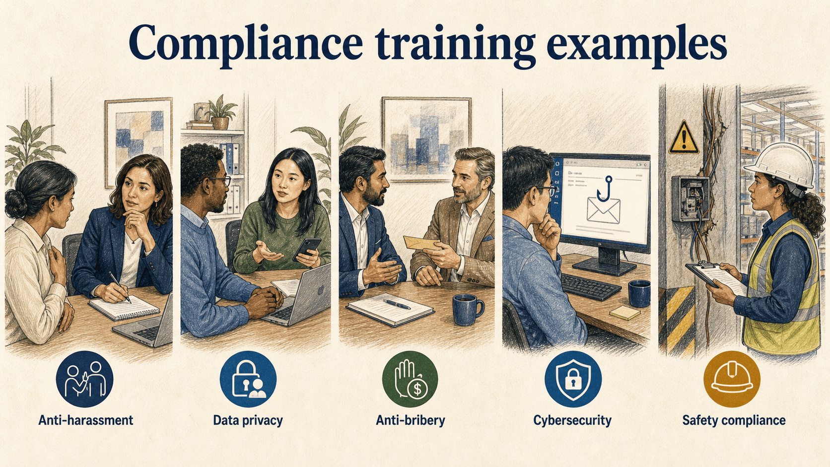 Realistic scenarios help employees apply anti-harassment, privacy, anti-bribery, cybersecurity, and safety requirements.