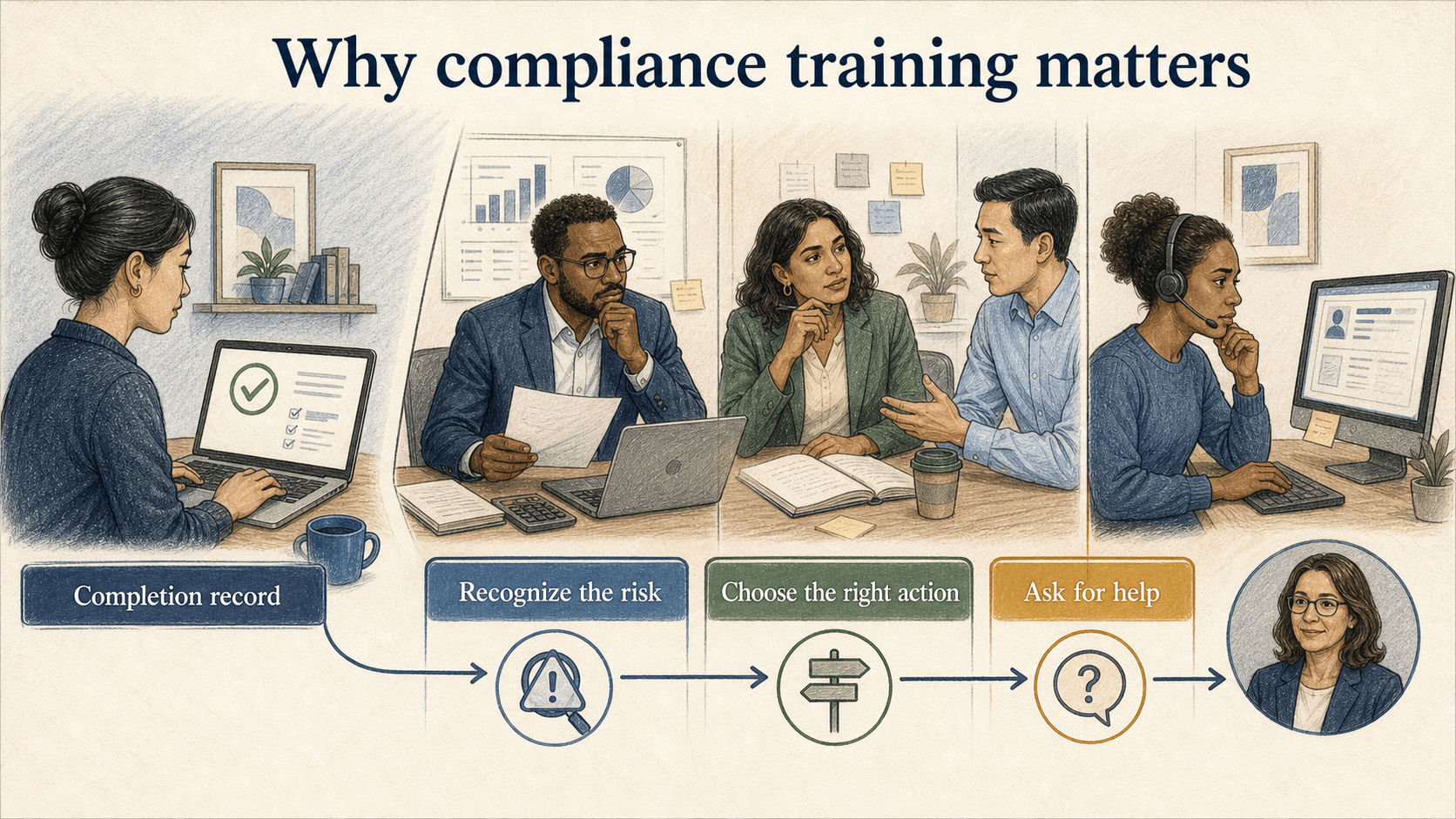 Effective compliance training prepares employees to recognize risk, choose the right action, and ask for help during real work.