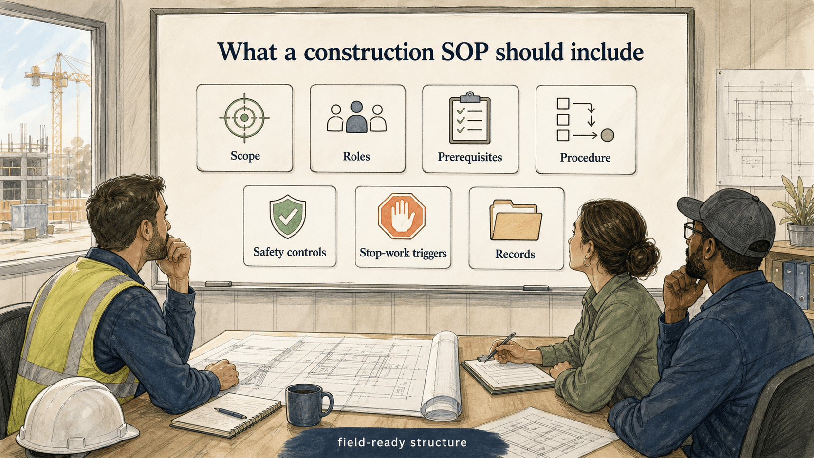 A field-ready construction SOP should define scope, roles, prerequisites, procedure, safety controls, stop-work triggers, and records.