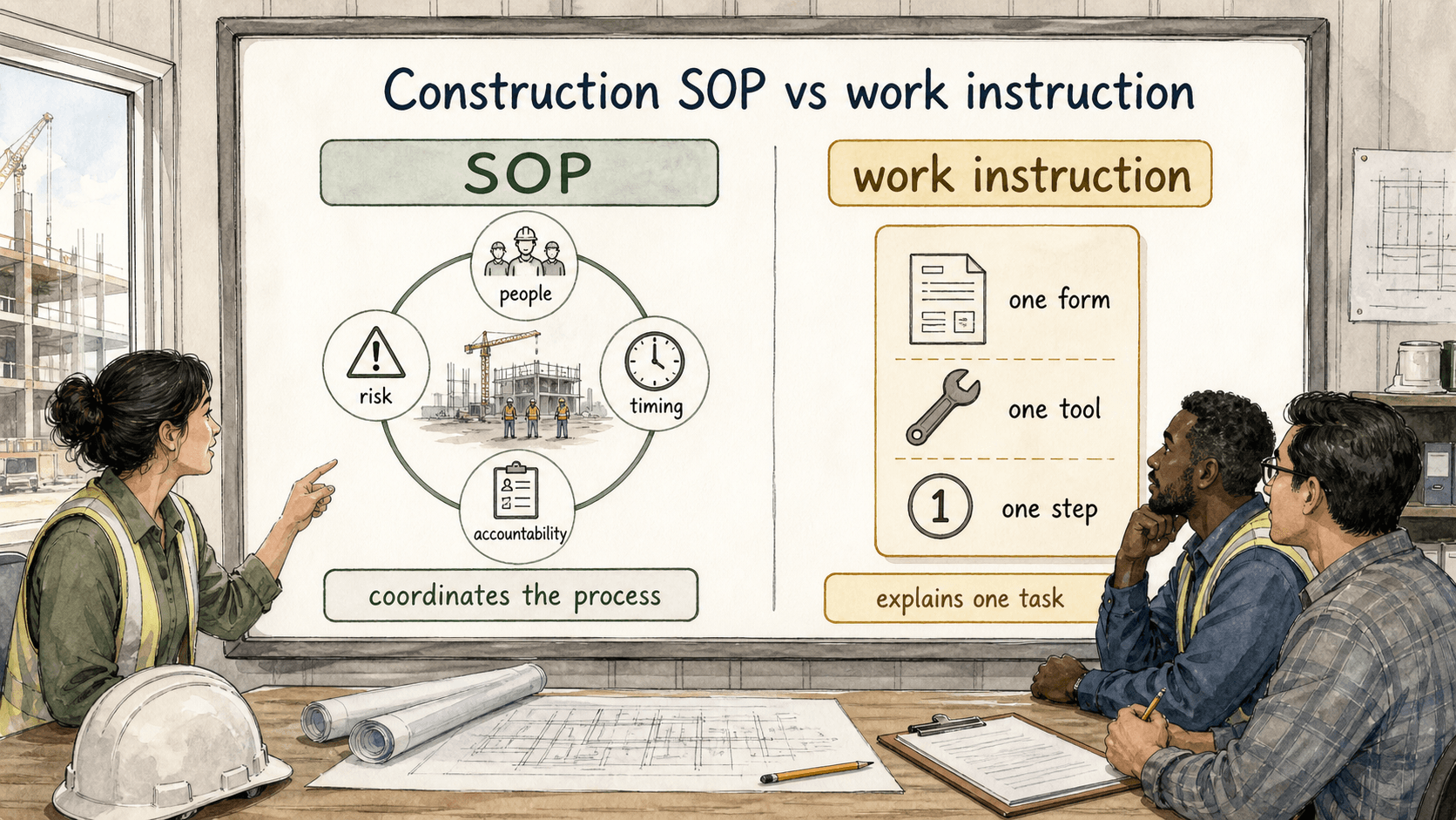 A construction SOP coordinates people, risk, timing, and accountability; a work instruction explains one task inside that process.