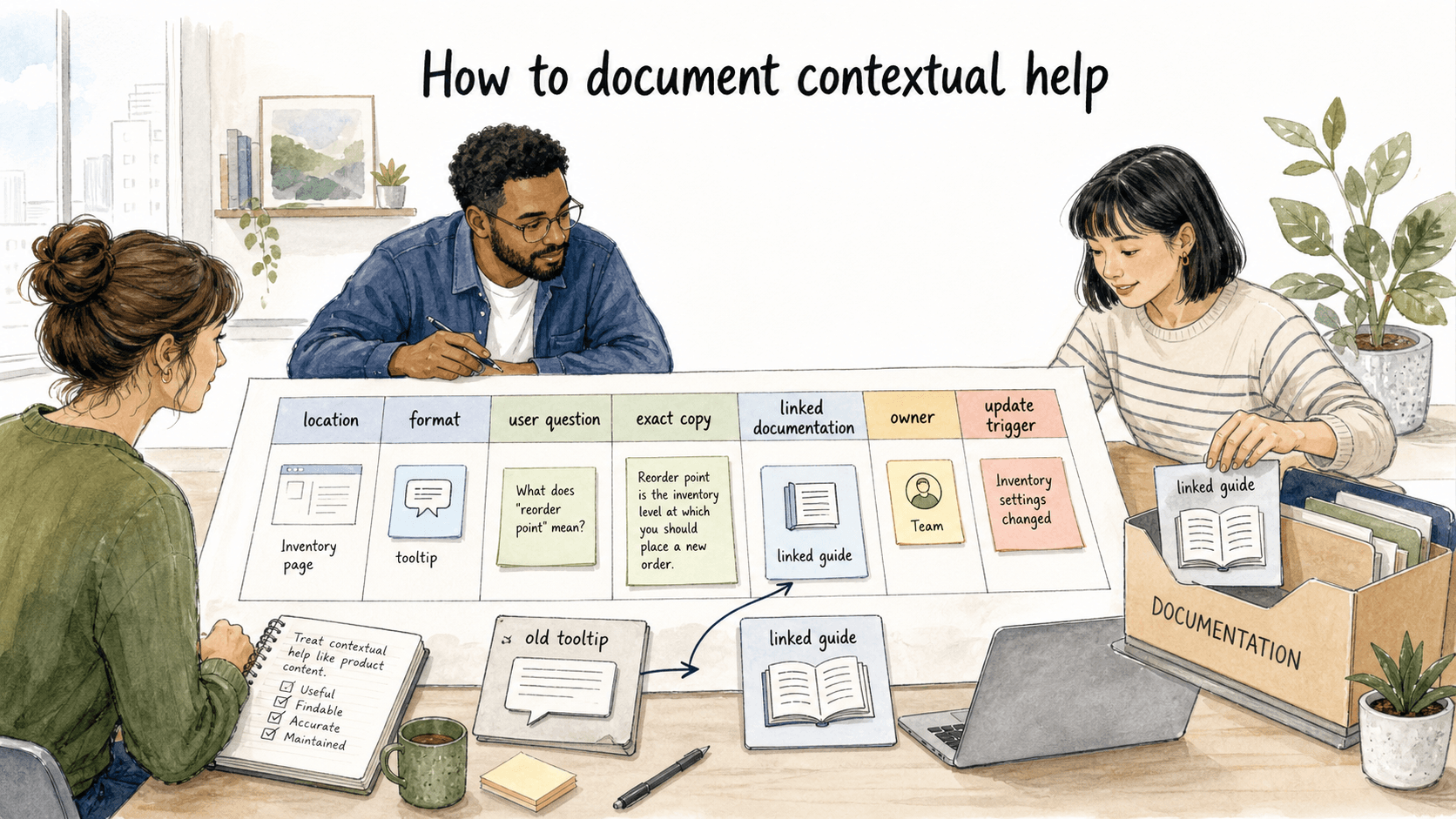 A contextual help inventory keeps location, format, user question, exact copy, linked documentation, owner, and update trigger visible.