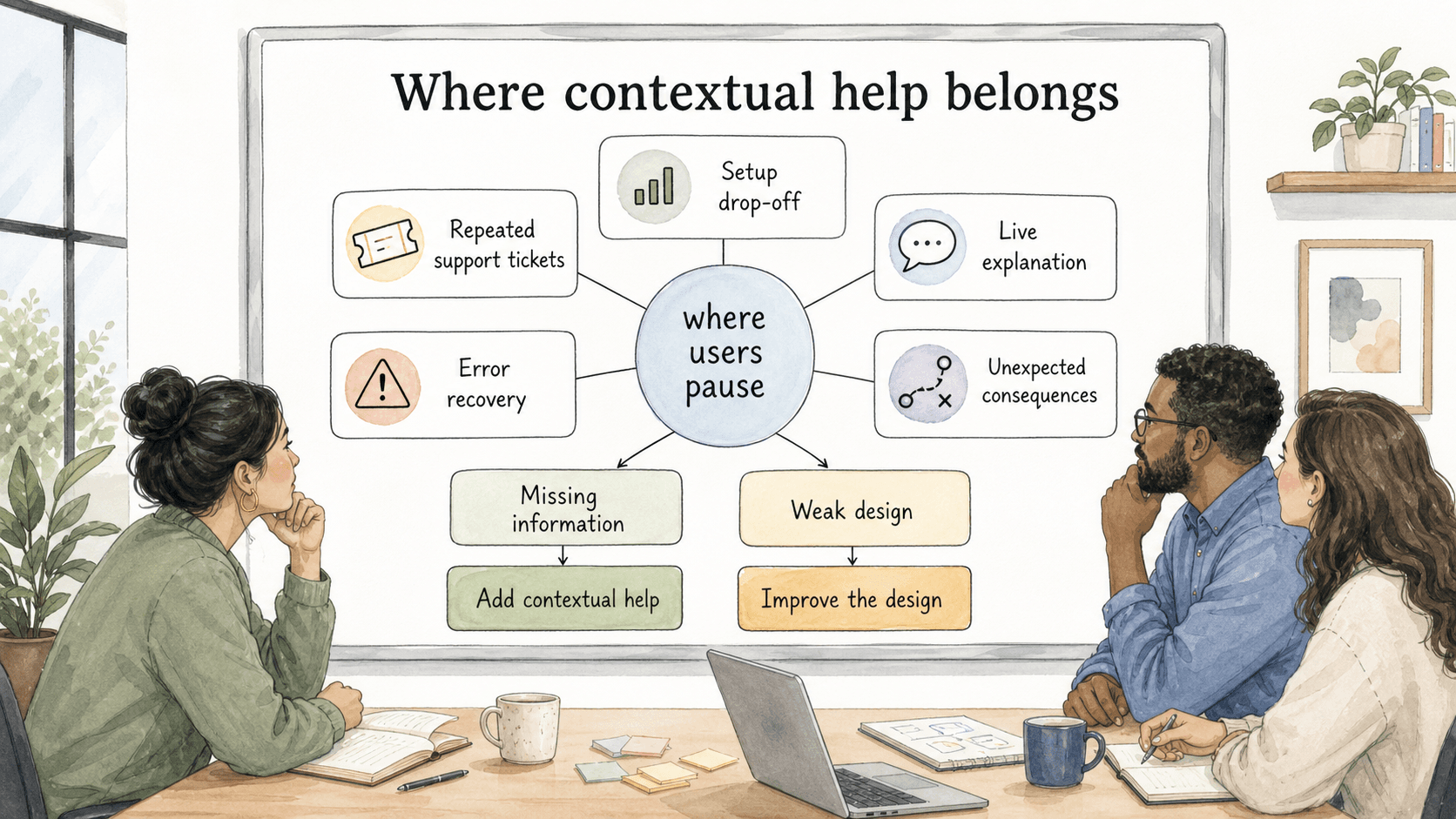 Add contextual help where users pause because information is missing; improve the design when the interface itself is the problem.