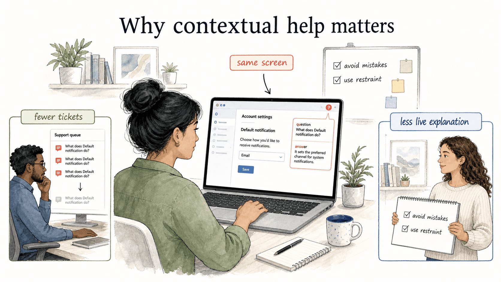 The best contextual help keeps users on the same screen while reducing repeated tickets and live explanations.
