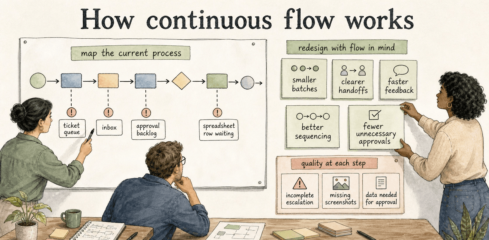 Continuous flow shifts the question from whether each department is busy to whether the work itself is moving.