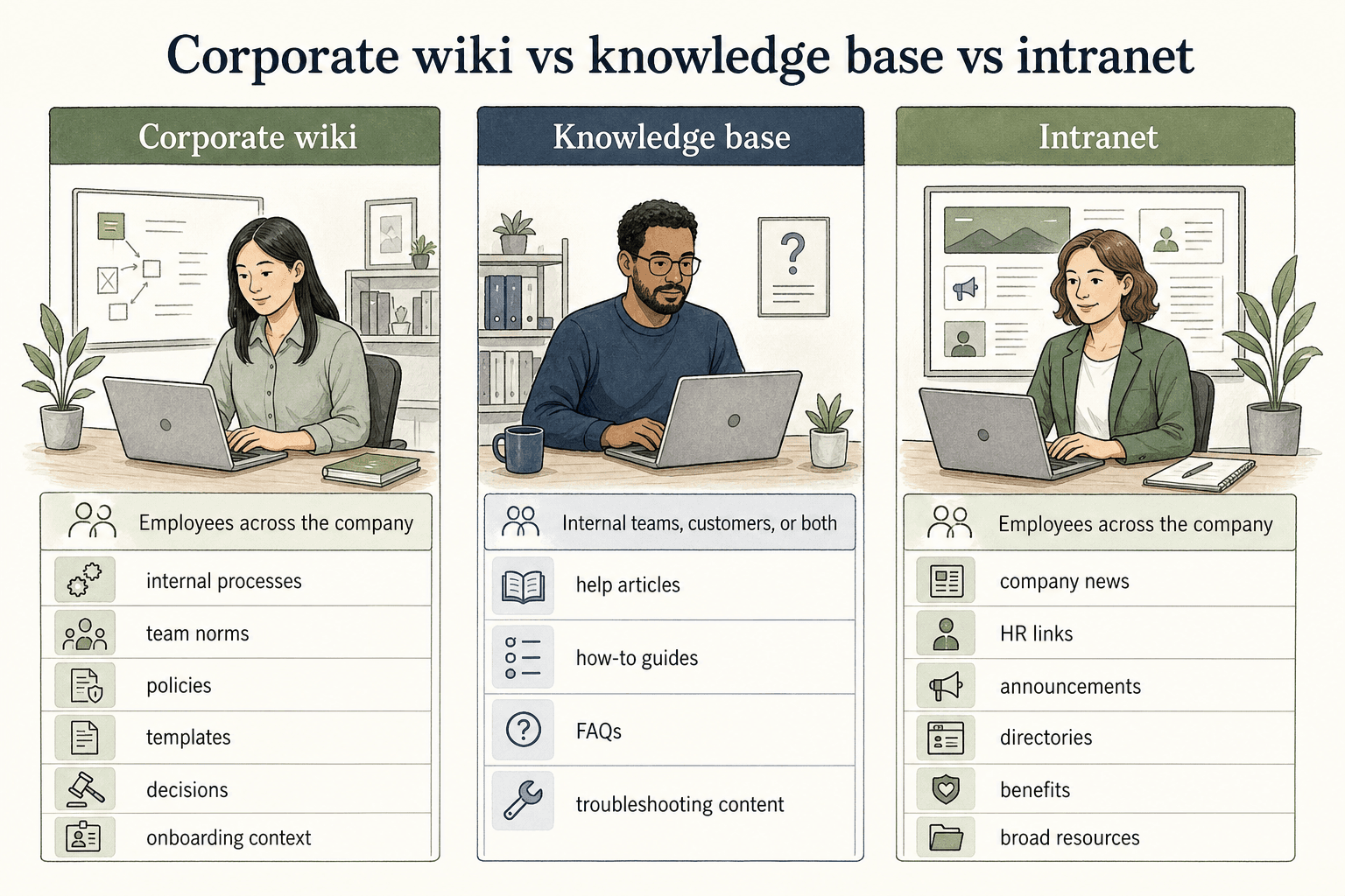 A corporate wiki explains internal work, a knowledge base provides help and troubleshooting, and an intranet distributes company news and resources.