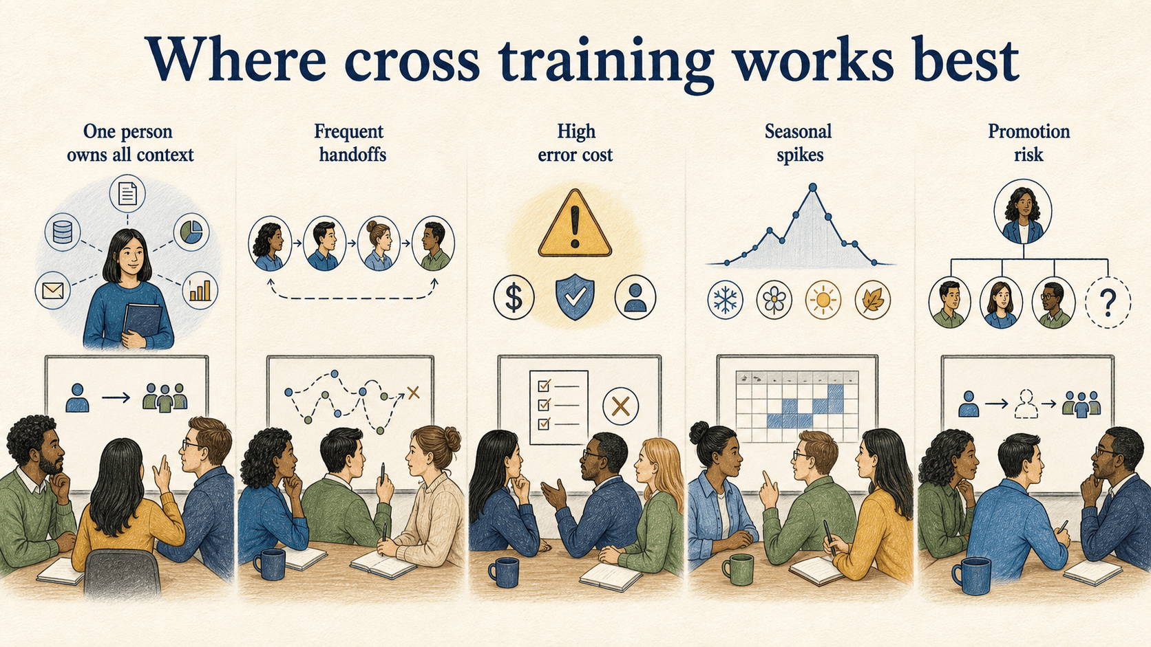 Cross training is most valuable where concentrated knowledge, handoffs, costly errors, seasonal demand, or succession risk threaten continuity.