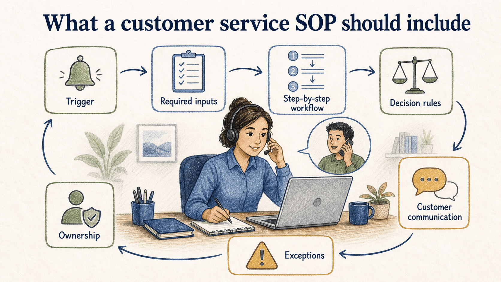A usable SOP connects the trigger and required inputs to the workflow, decisions, communication, exceptions, and ownership.
