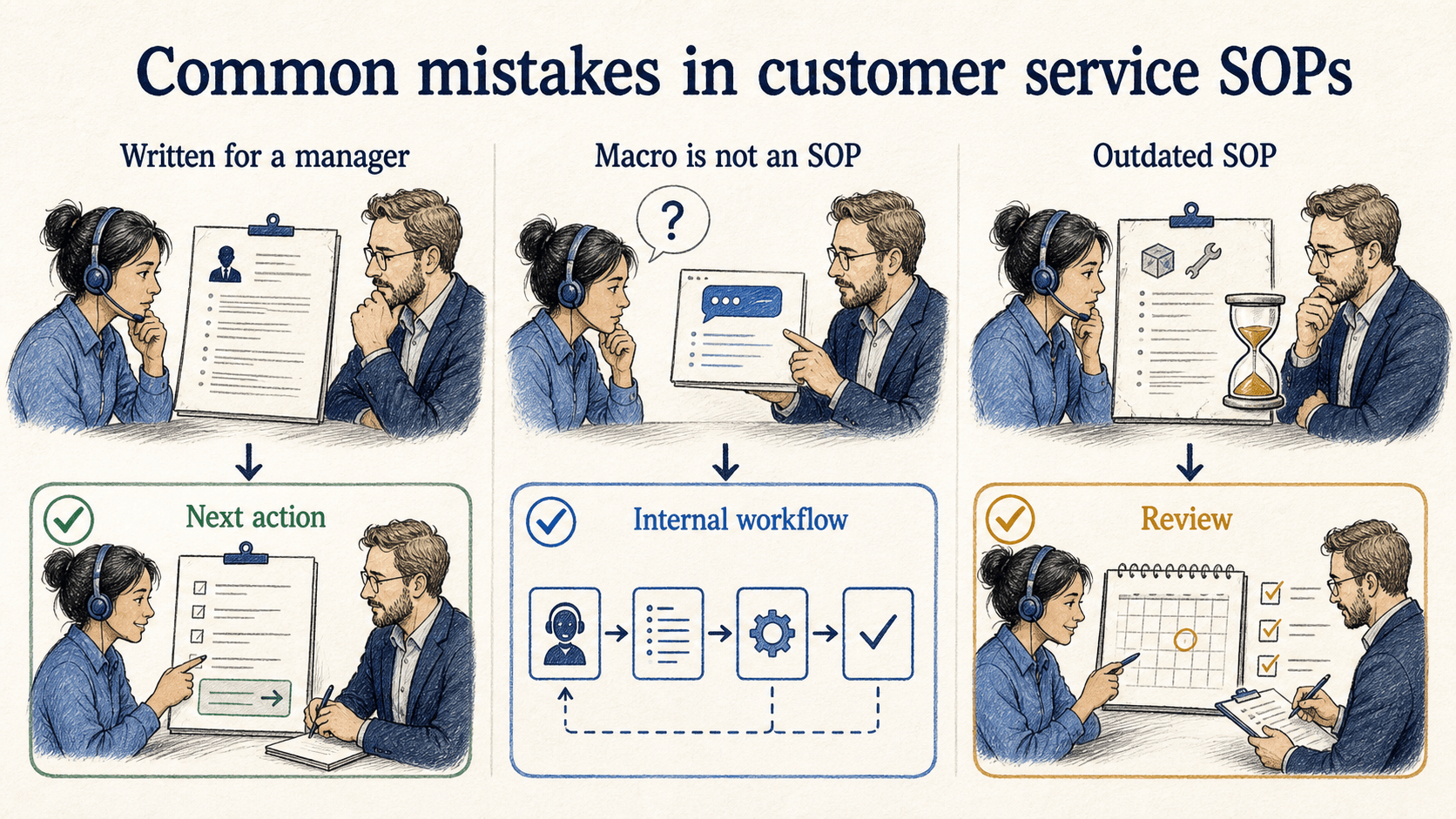 Effective SOPs are written for agents, document the internal workflow behind macros, and stay current as policies and tools change.