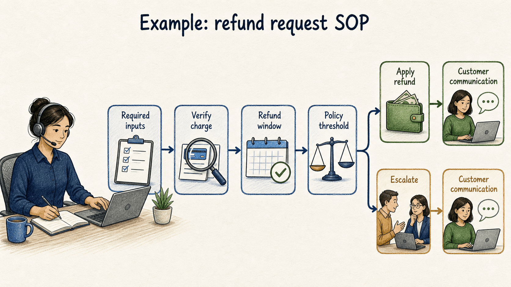 A refund SOP shows agents what to verify, what they can approve, and when the request must be escalated.