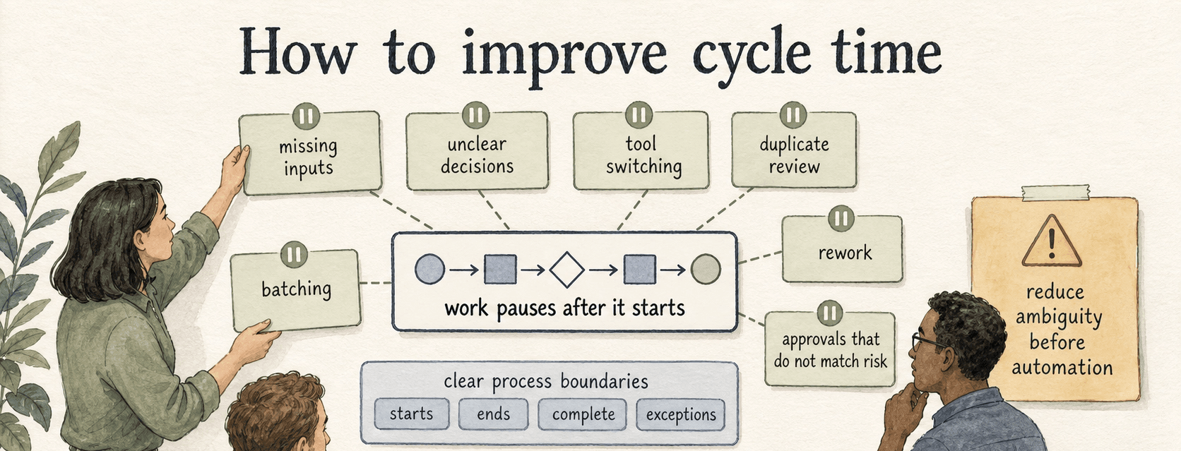 Improving cycle time starts by finding where work pauses after it starts: missing inputs, unclear decisions, tool switching, duplicate review, batching, rework, and mismatched approvals.