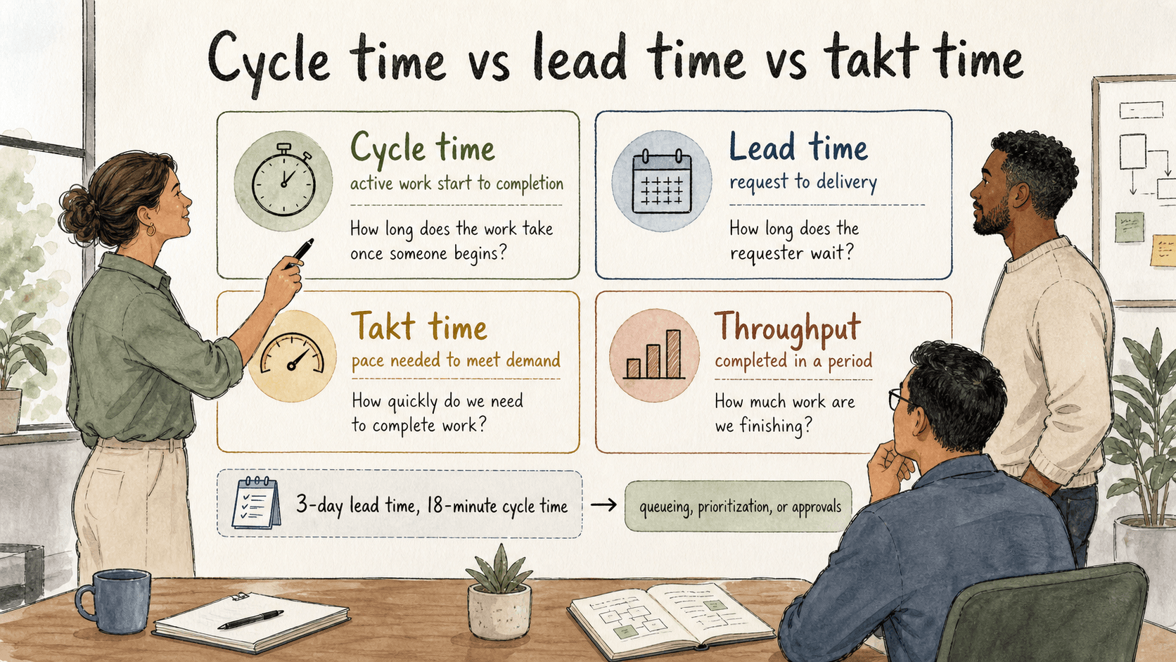 Cycle time, lead time, takt time, and throughput answer different operational questions, so the measurement boundary matters.