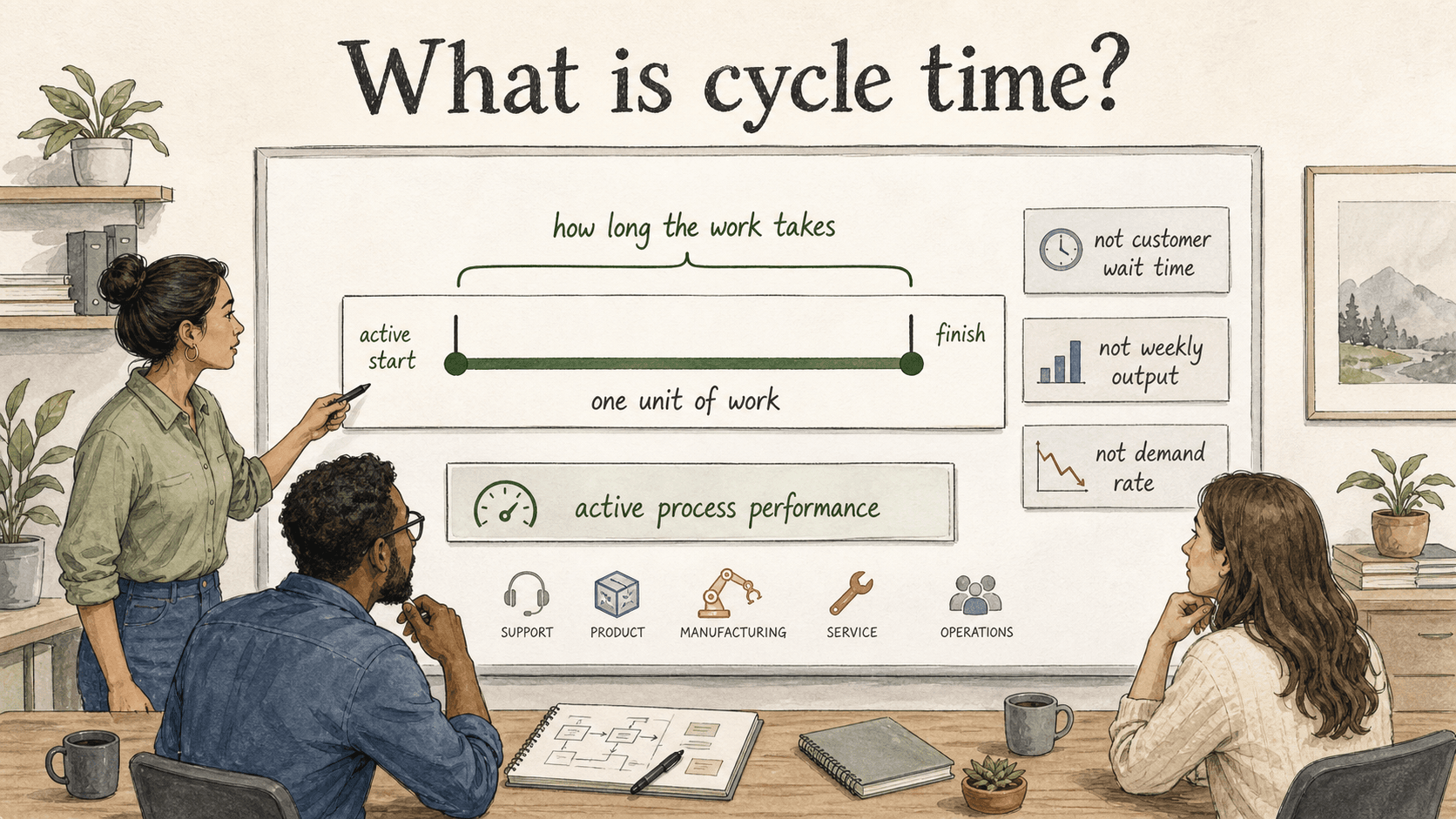 Cycle time measures how long one unit of work takes from active start to finish, not customer wait time, weekly output, or demand rate.