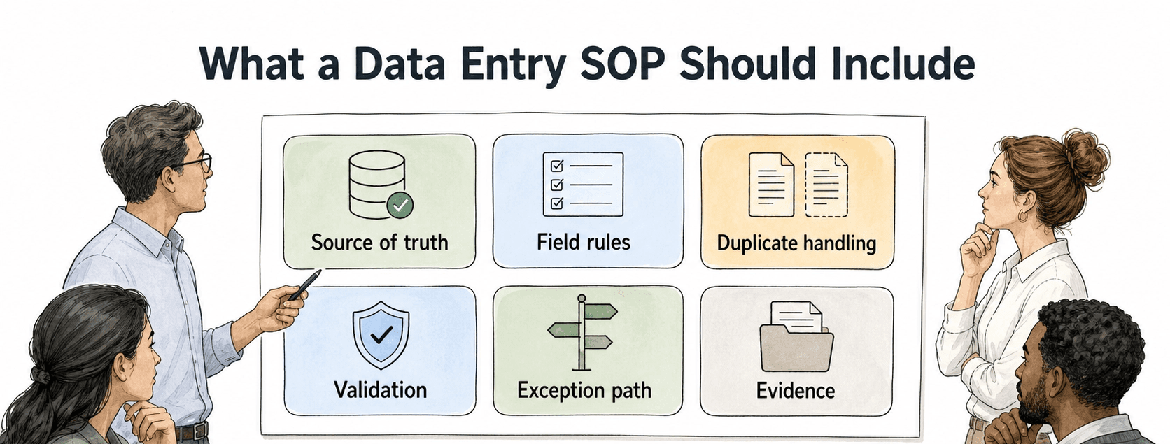 Strong data entry SOPs define source of truth, field rules, duplicate handling, validation, exception paths, and evidence.