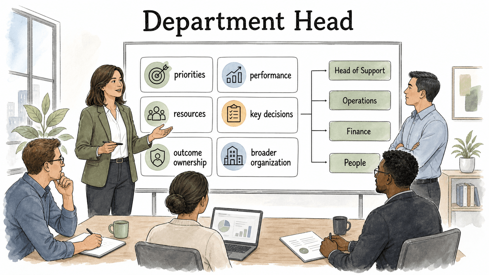 A department head owns priorities, performance, resources, key decisions, and the conditions that help the function do good work.